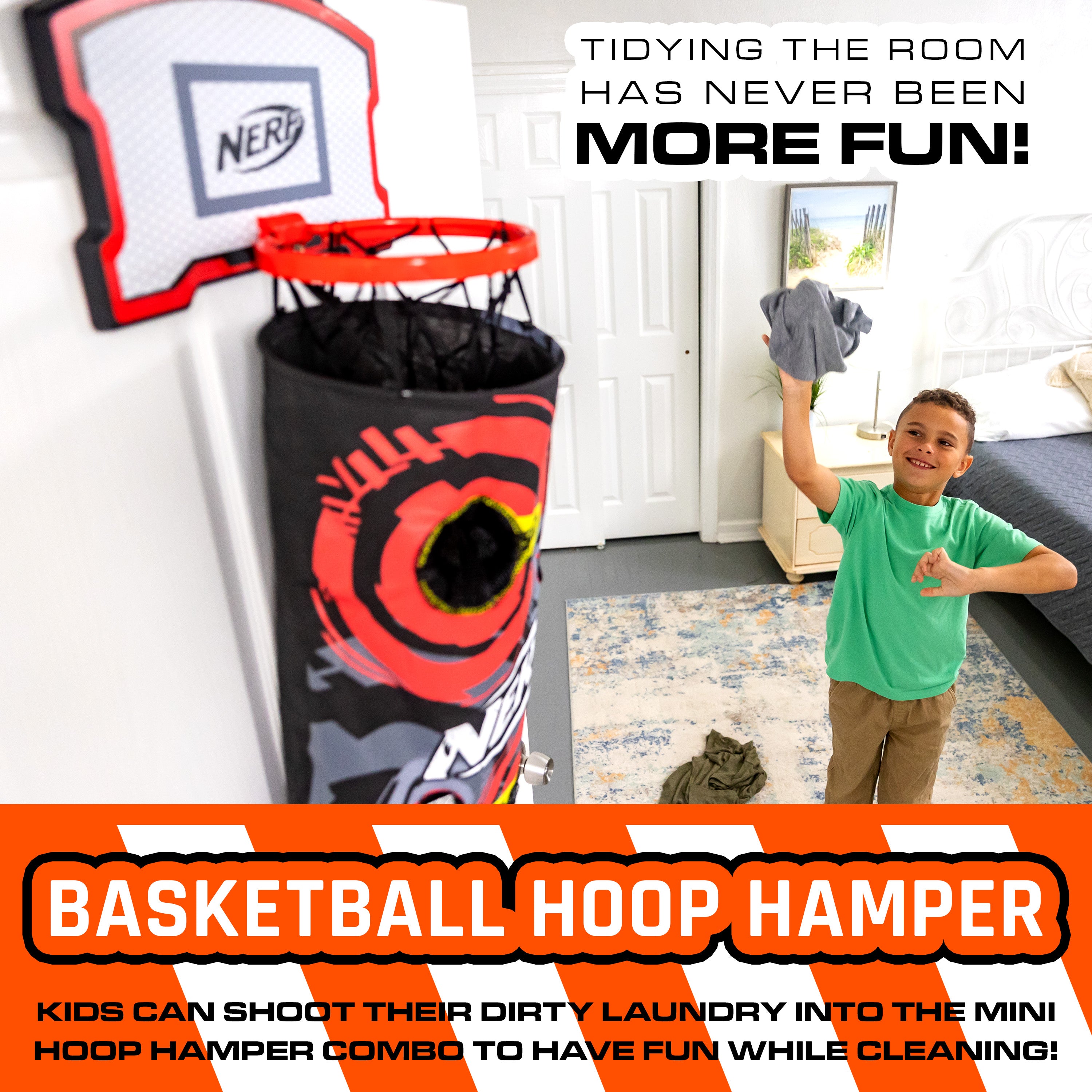 NERF Basketball Hoop Hamper - Laundry Layup Over the Door Basket + Shooting Target - Mini Hoop Hamper + Basketball Set