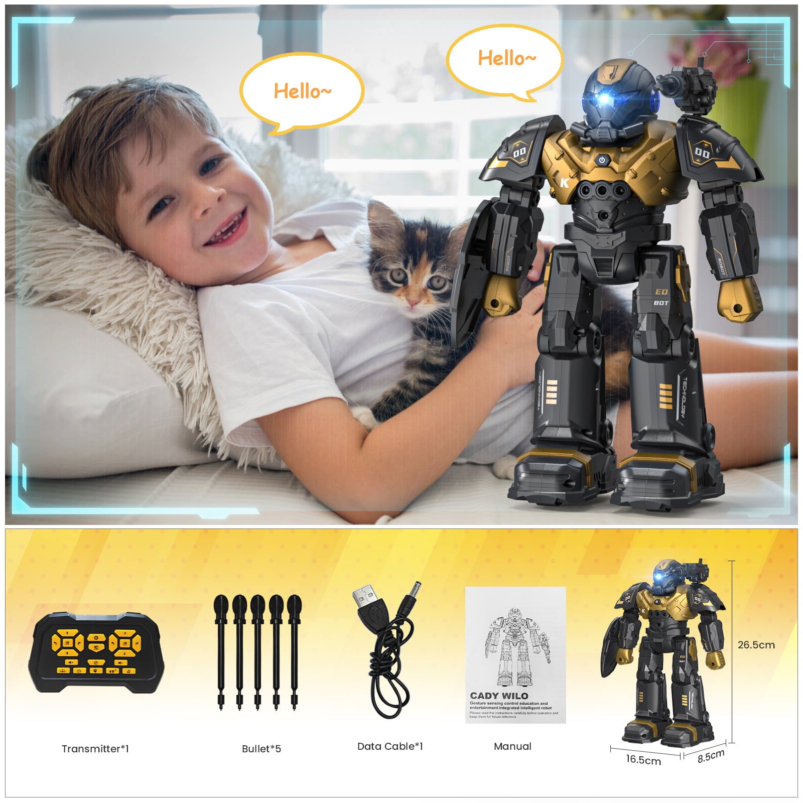 Febfoxs RC Toy Robot， Kids Smart RC Robot Toy Mini Robot Talking Singing Dancing Interactive Touch Sensor Infant Toddler Children Robotics with Remote Control for Kids 3-10 Years， Gold