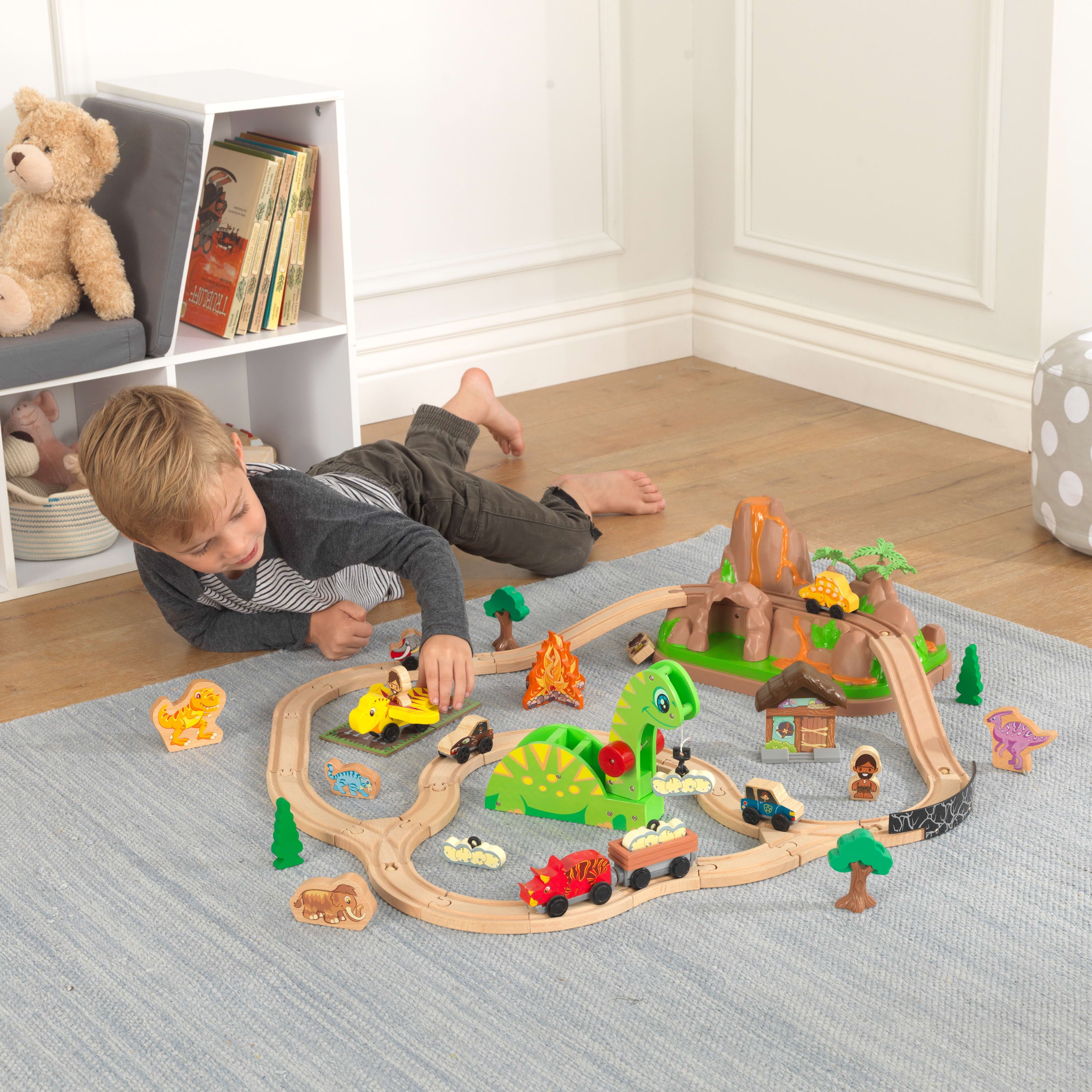 KidKraft Dinosaur Bucket Top Portable Wooden Train Set with 56 Pieces and 9 Feet of Track