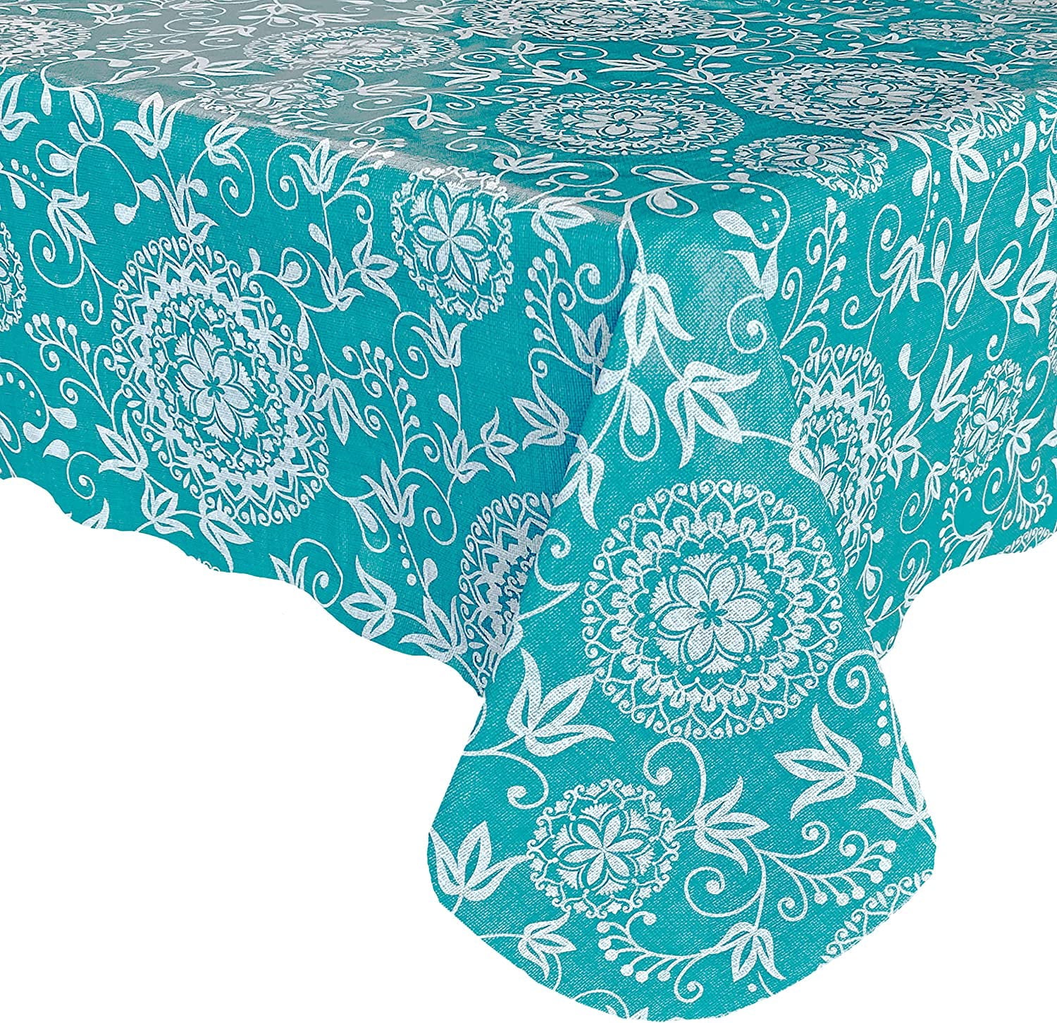 Newbridge Amiel Shabby Chic Medallion Vinyl Flannel Backed Tablecloth - 70 Inch Round, Blue