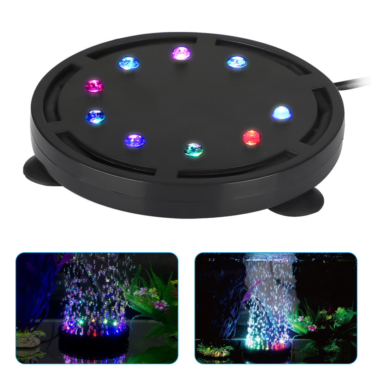 Aquarium Bubbler LED Light Air Stone Lamp Colorful Underwater Round Fish Tank