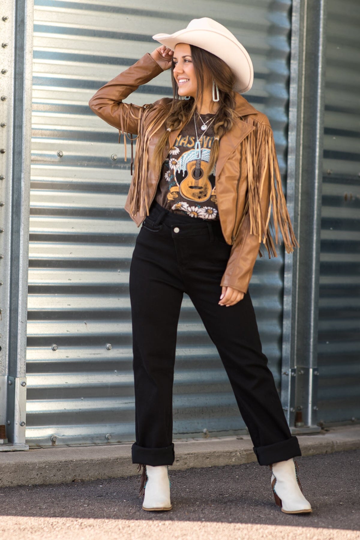 Mocha Faux Leather Jacket With Fringe