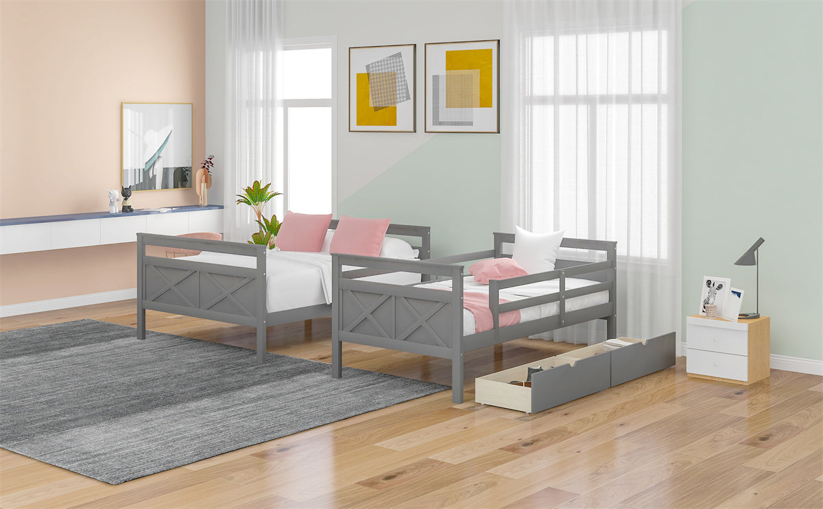 Twin Over Full Bunk Bed with Two Storage Drawers, Pine Wood Bed Frame and Guardrails and Ladder for Kids and Teens Trundle, Grey