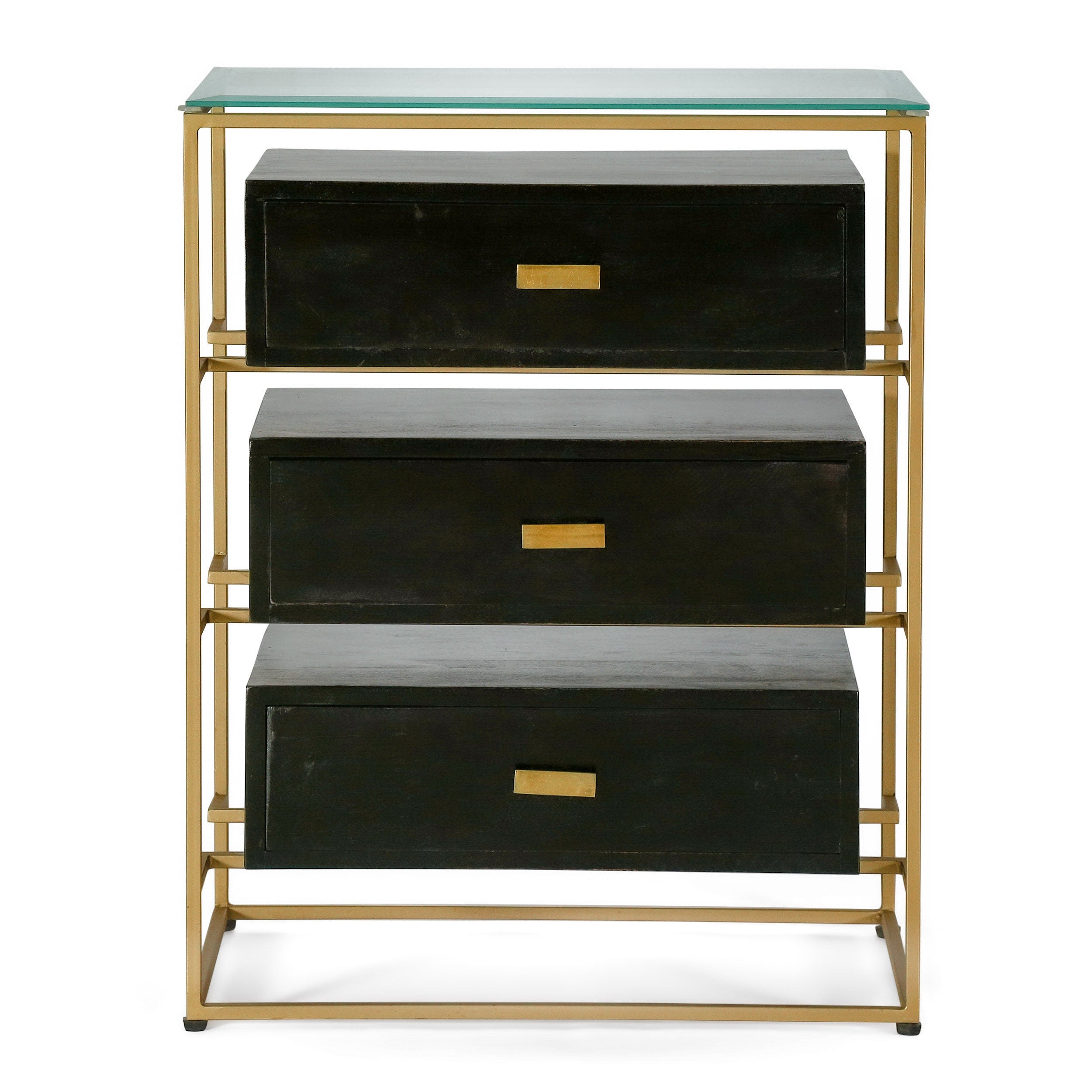 Sonne Modern Handcrafted 3 Drawer Glass Top Nightstand, Black and Brass