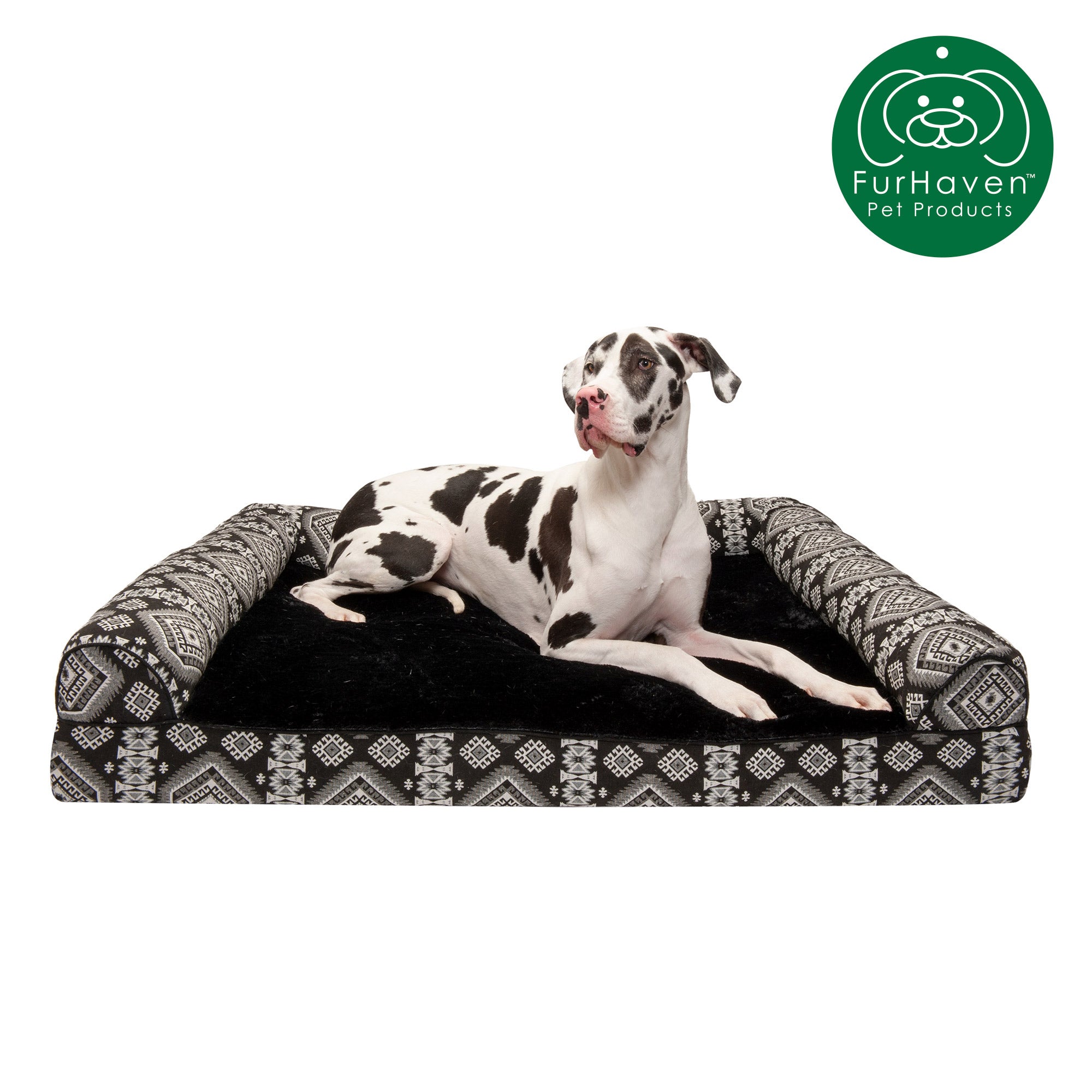 FurHaven | Cooling Gel Southwest Kilim Sofa Pet Bed for Dogs and Cats， Black Medallion， Jumbo Plus