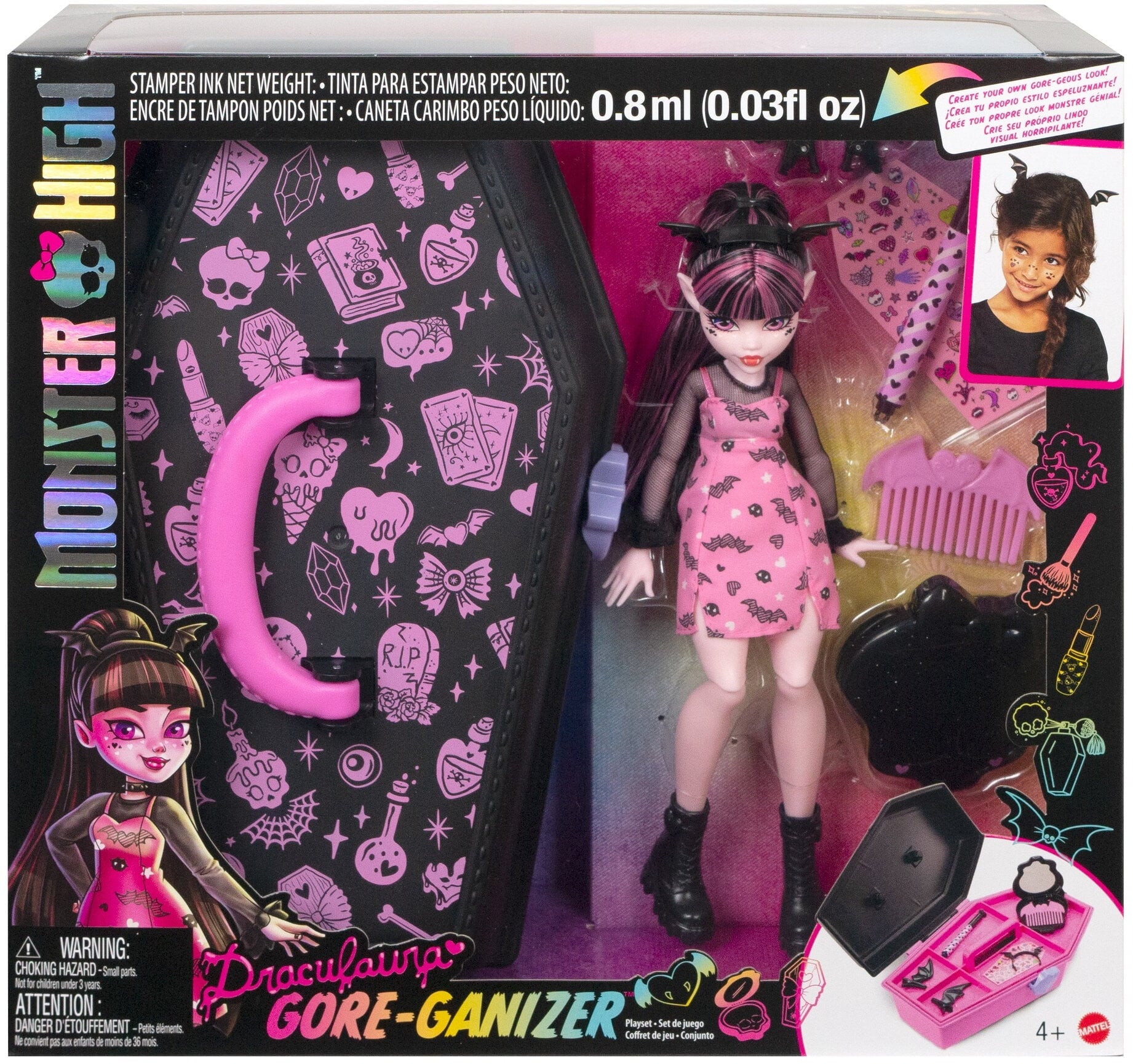 Monster High Draculaura Doll and Beauty Accessories, Goreganizer with Stamp Pen, Stickers and More