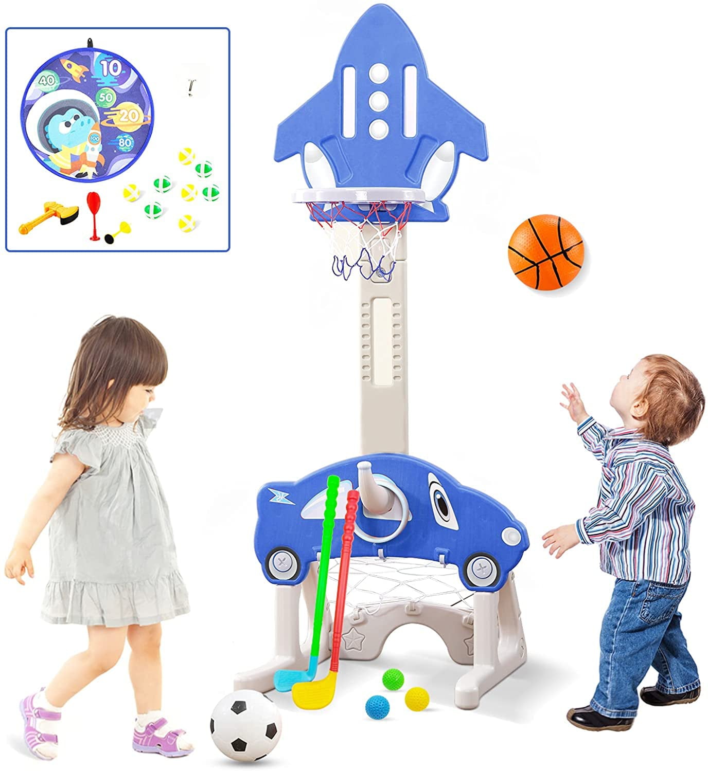 MEZOOM 3-in-1 Basketball Hoop for Kids Toddler Basketball Hoop Sports Indoor Outdoor Adjustable Play Set for Children w/ Soccer Goal， Ring Toss
