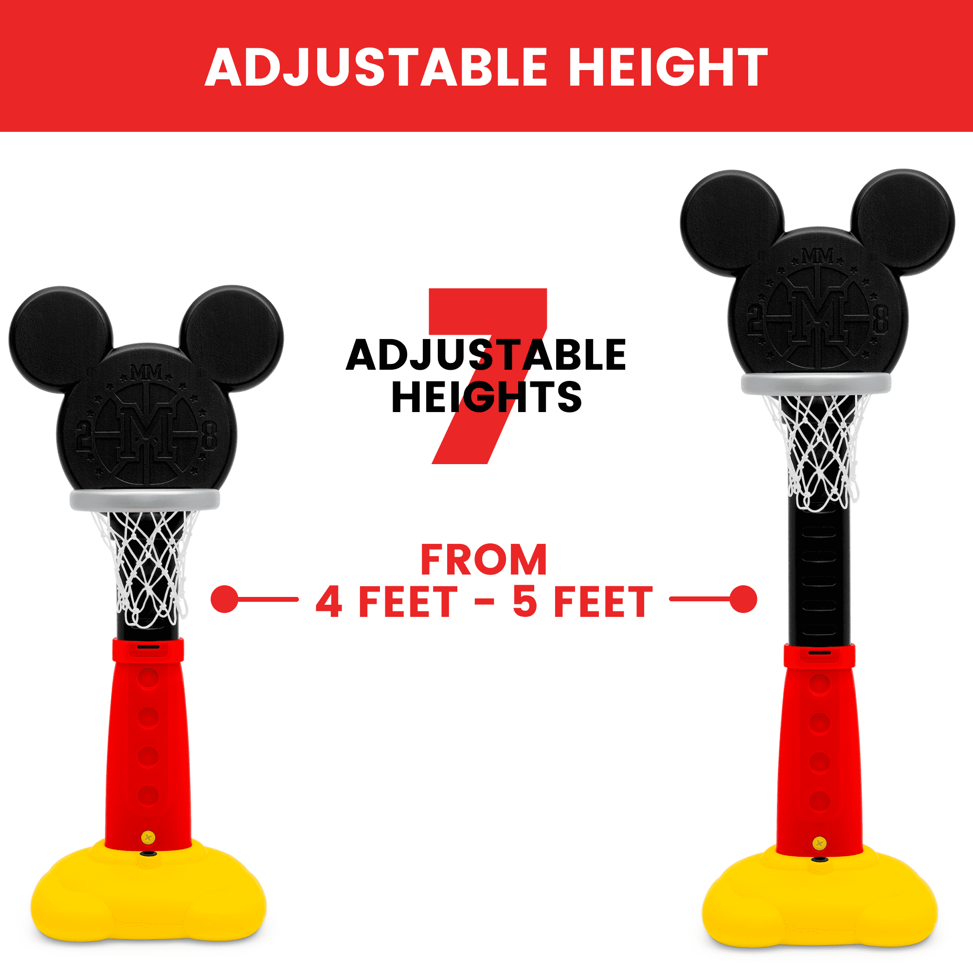 Disney Mickey Mouse Plastic Basketball Set by Delta Children – Includes Basketball Hoop， 1 Basketball， Ring Toss Game with 3 Rings， Growth Cart and Ball Pump