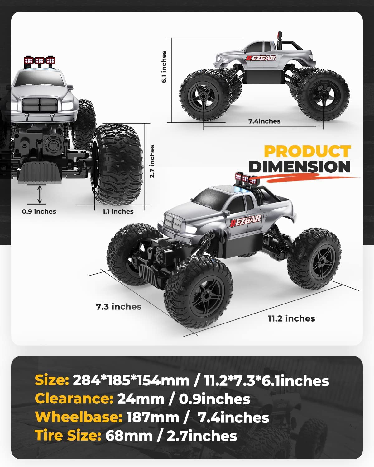 Bezgar 1:14 RC Cars Remote Control Monster Truck， Radio Controlled Truck off-Road Rock Crawler Remote Control Car for Boys Kids Adults