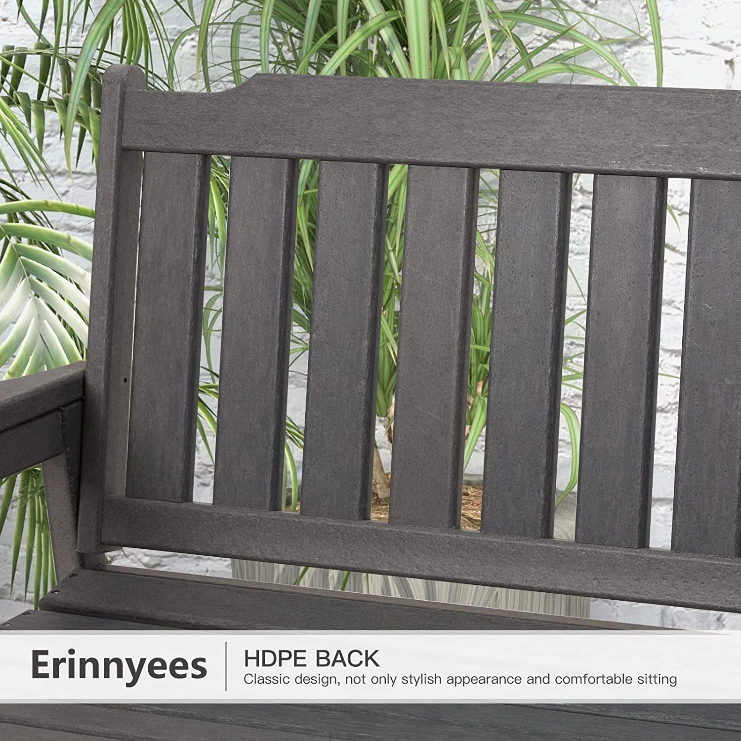 Erommy 49" Patio Outdoor HDPE Garden Bench with Armrests, Weatherproof Porch Bench with Stable Back for Lawn, Grey