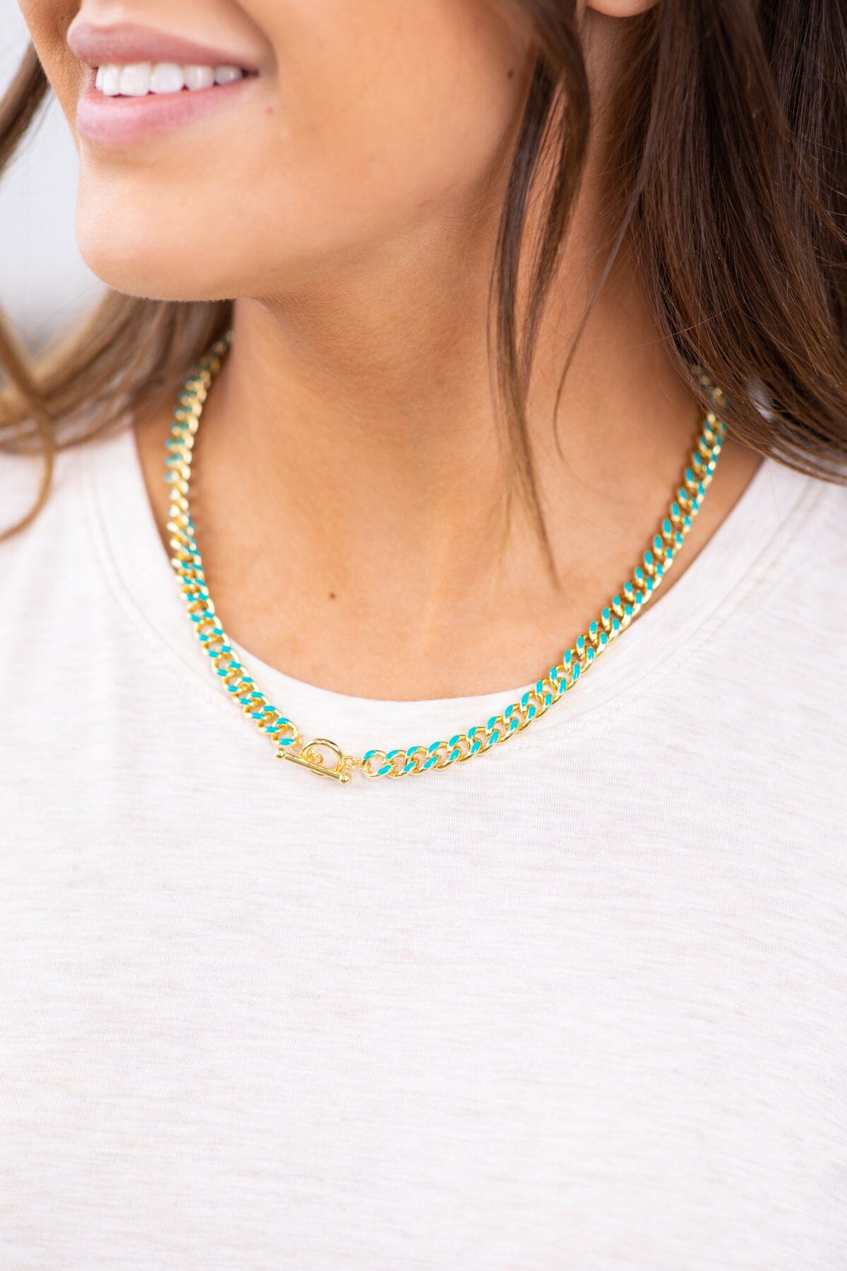Turquoise and Gold Enamel Thick Chain Necklace