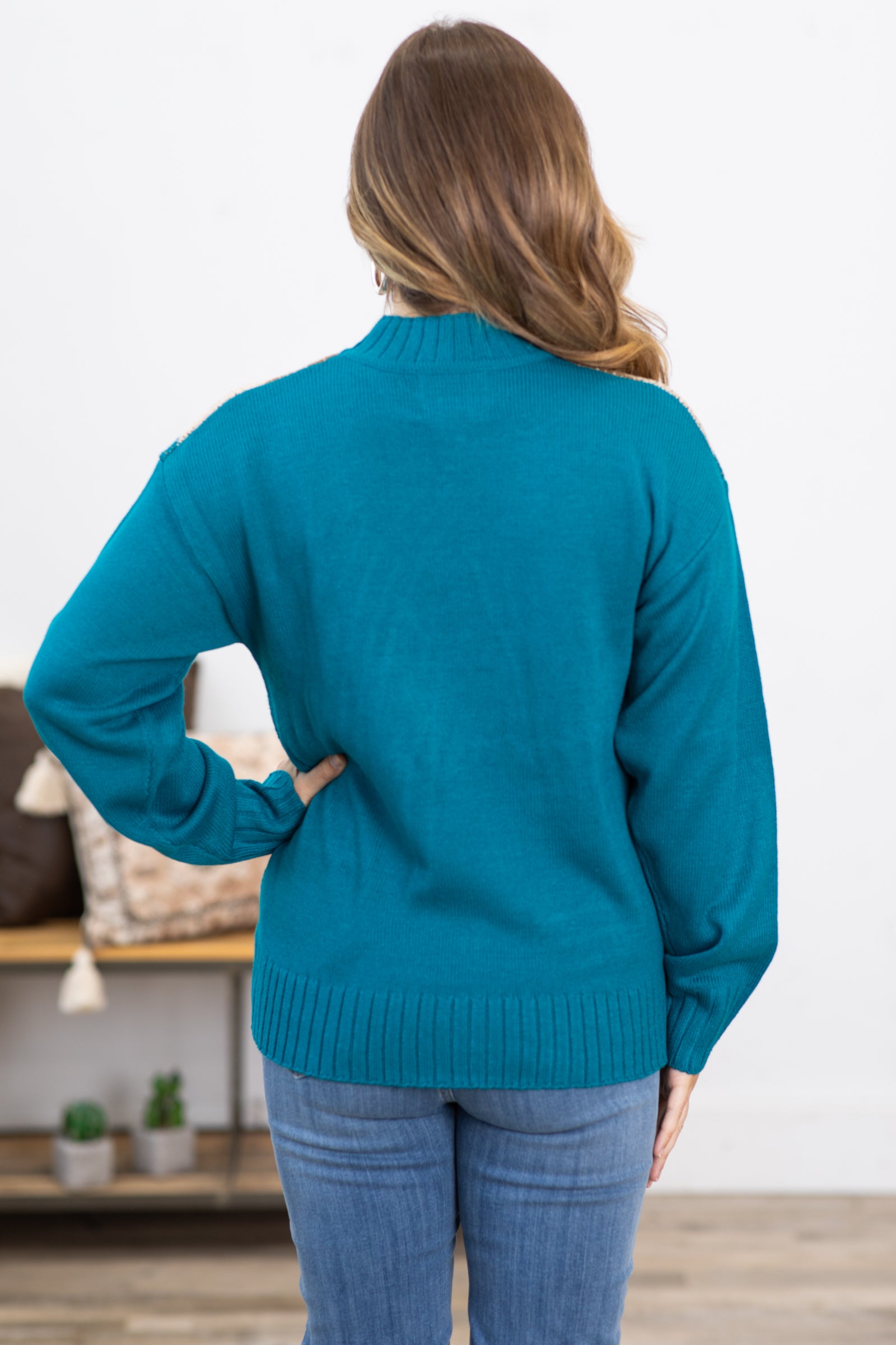 Teal Multicolor Aztec Mock Neck Sweater