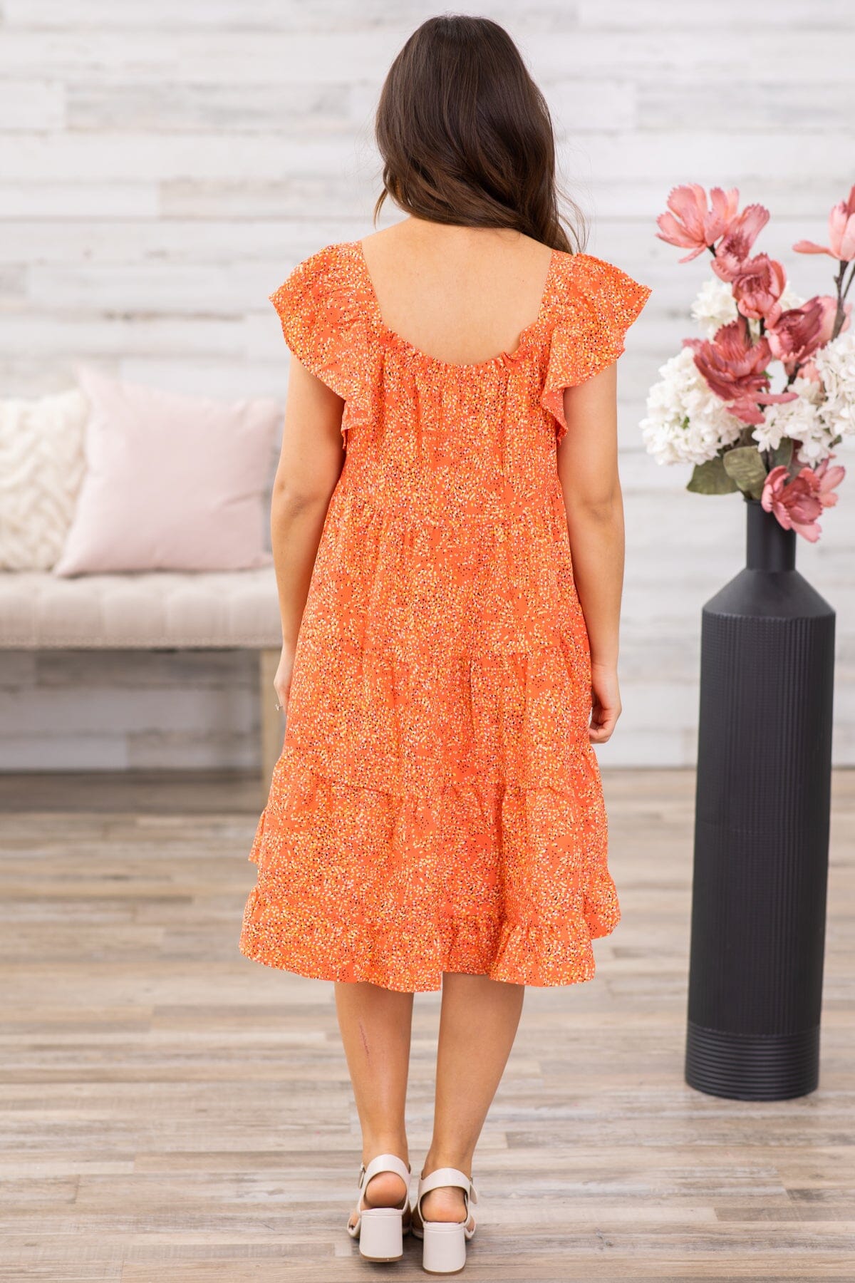 Orange Ditsy Floral Flutter Sleeve Dress