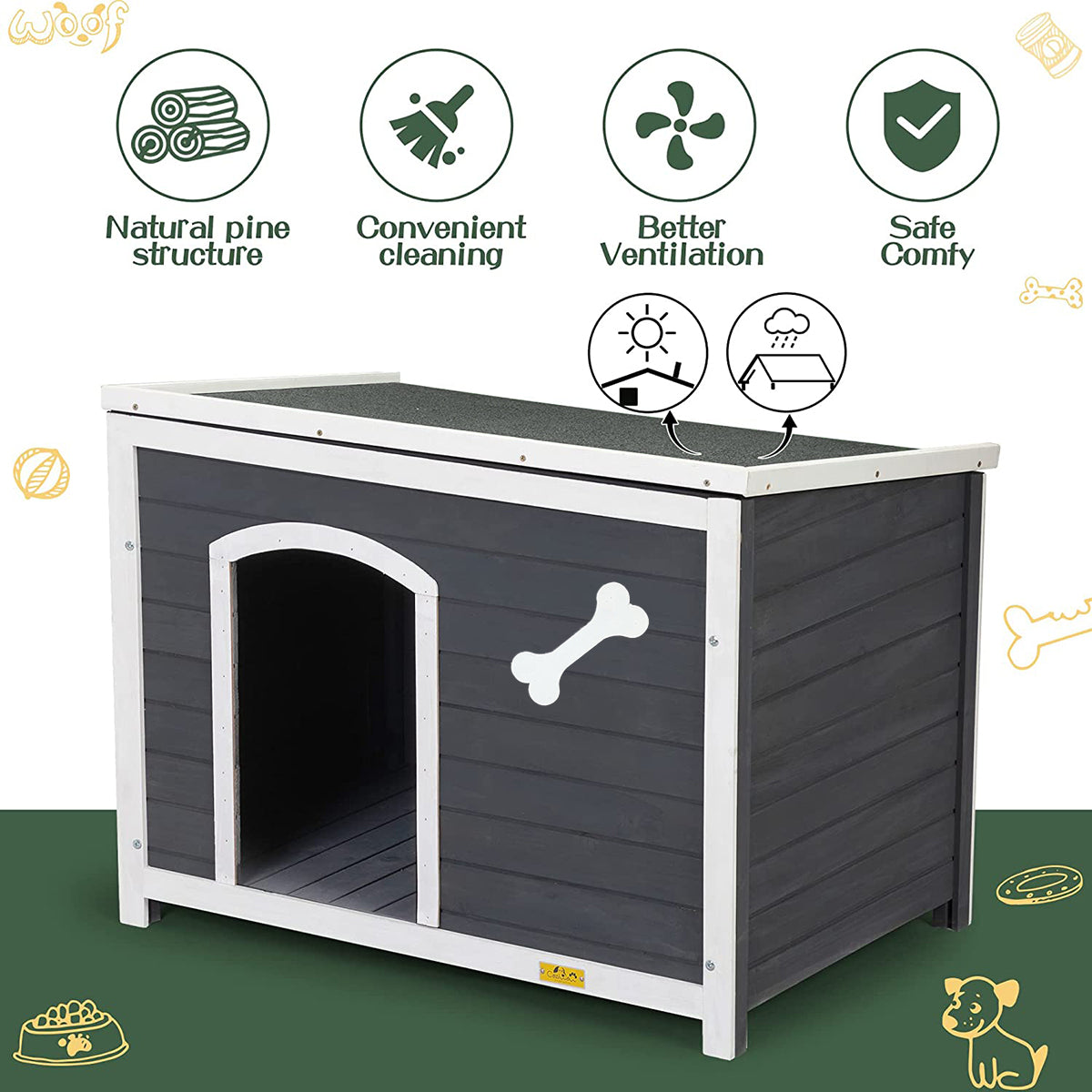 ZPL 38 Inch Wooden Dog House Outdoor Indoor Pet Kennel for Winter w/ Anti Chewing Frame and Raised Feet， Weatherproof Hut for Small Medium Large Dogs