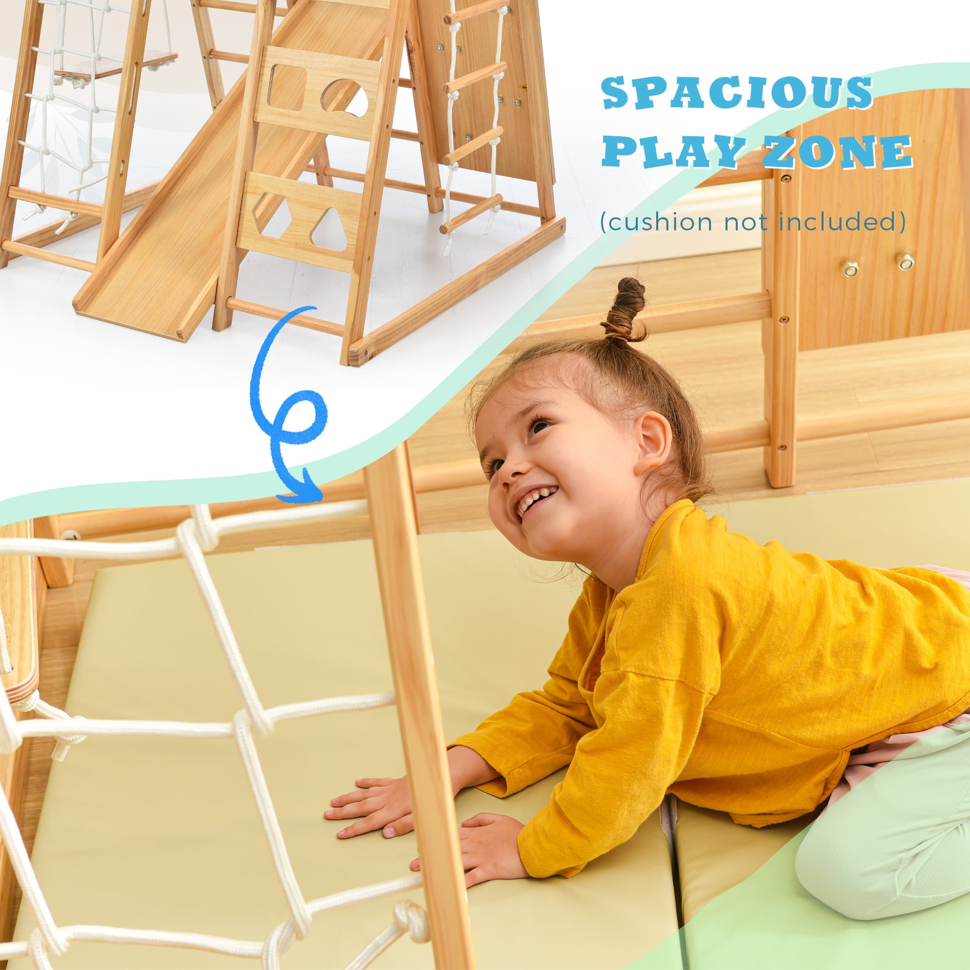 Track 7 Wooden Indoor Kids Playground Jungle Gym with Slide，Toddlers Wooden Climber 8-in-1 Slide Playset，Wooden Rock Climbing Wall with Rope Wall Climb，Monkey Bars，and Swing for Kids