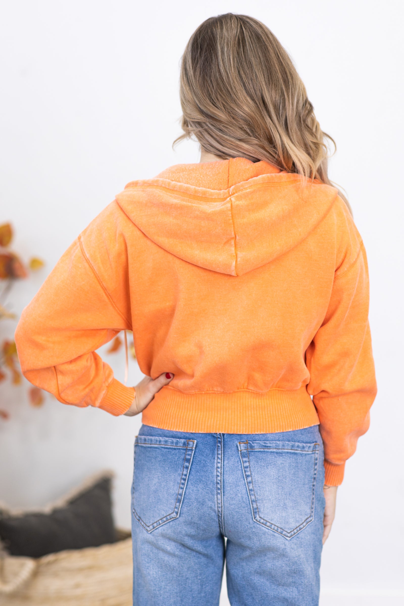 Light Orange Washed Fleece Full Zip Hoodie