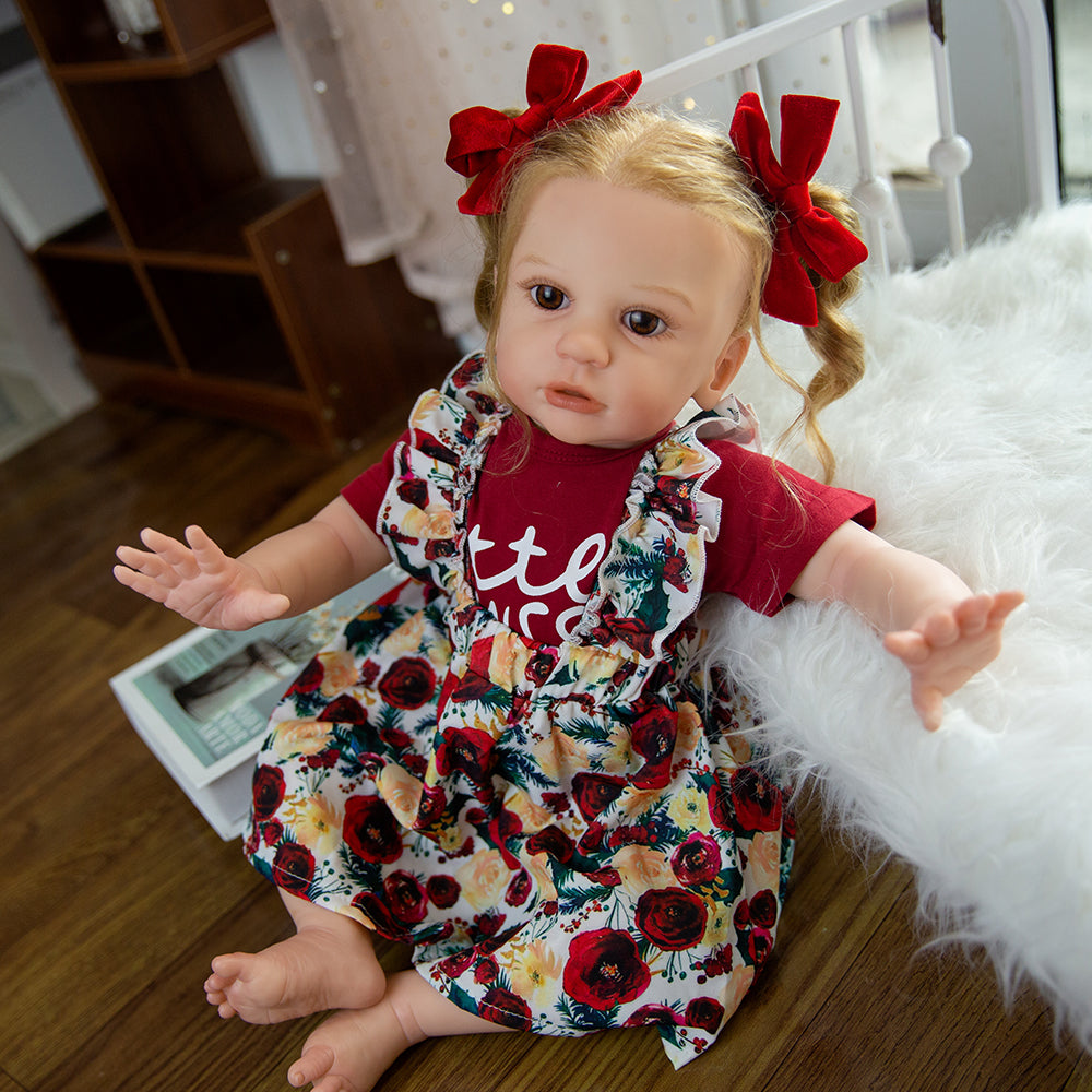 Reborn Baby Dolls 24'' Soft Body Handmade Baby Doll Big Brown Eyes Children Birthday Christmas Gift for 3+ Years