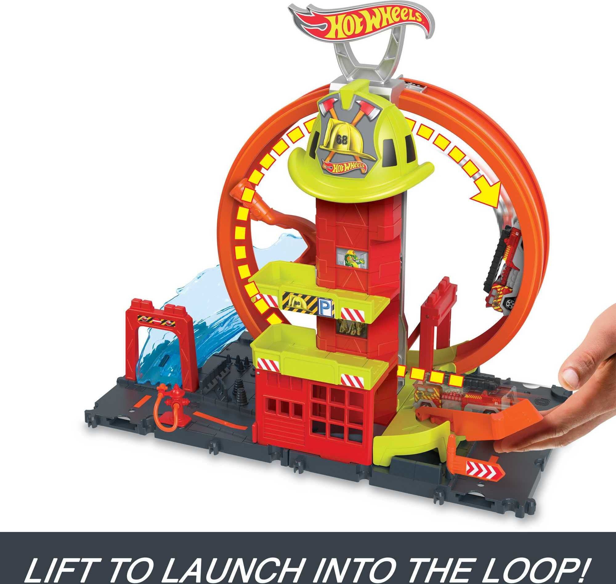 Hot Wheels City Super Loop Fire Station Playset and 1 Toy Firetruck in 1:64 Scale