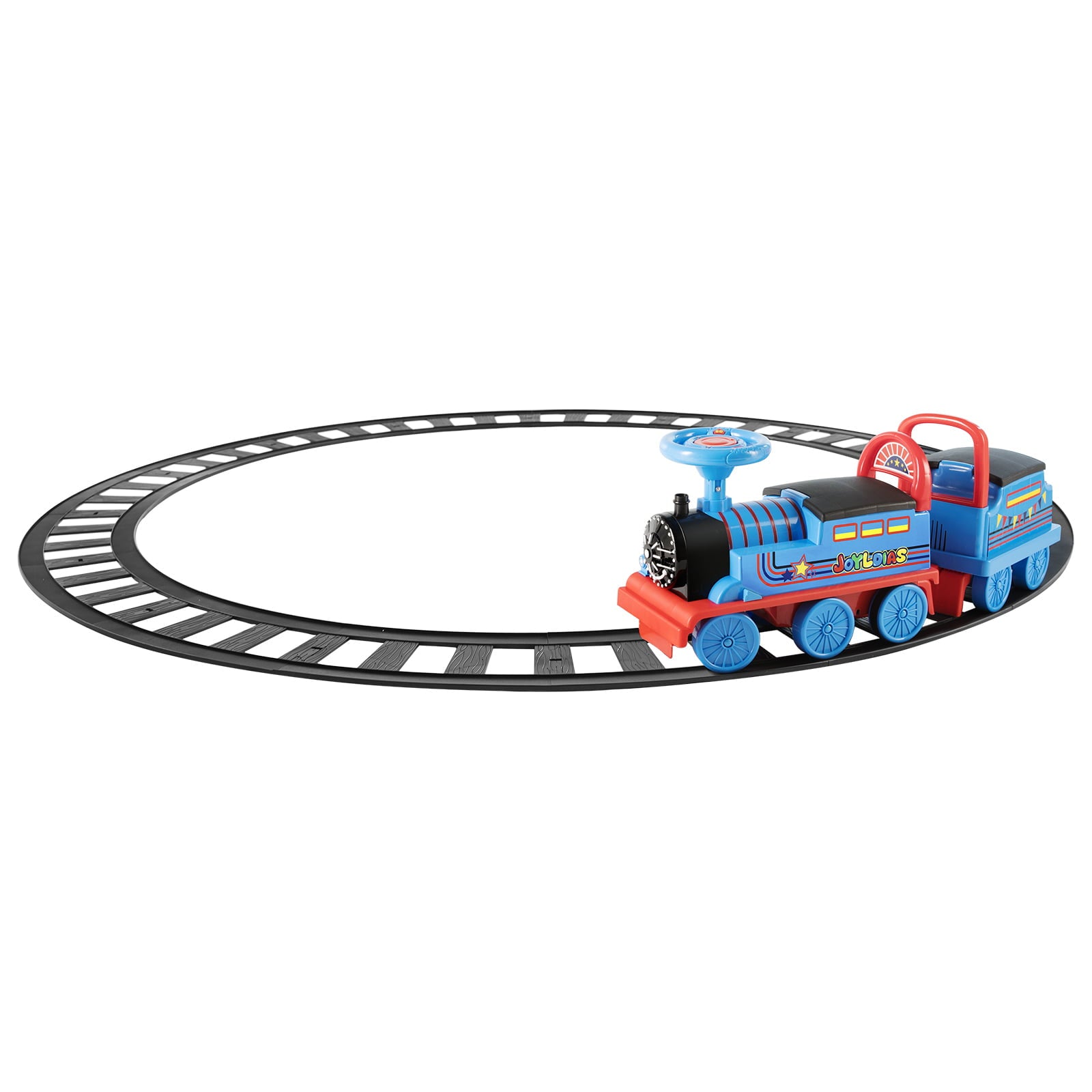 JOYLDIAS 6V Electric Ride on Train for Kids with Curved Tracks， Songs， Stories， Lights， Horns， Storage and Foot Pedals， Blue