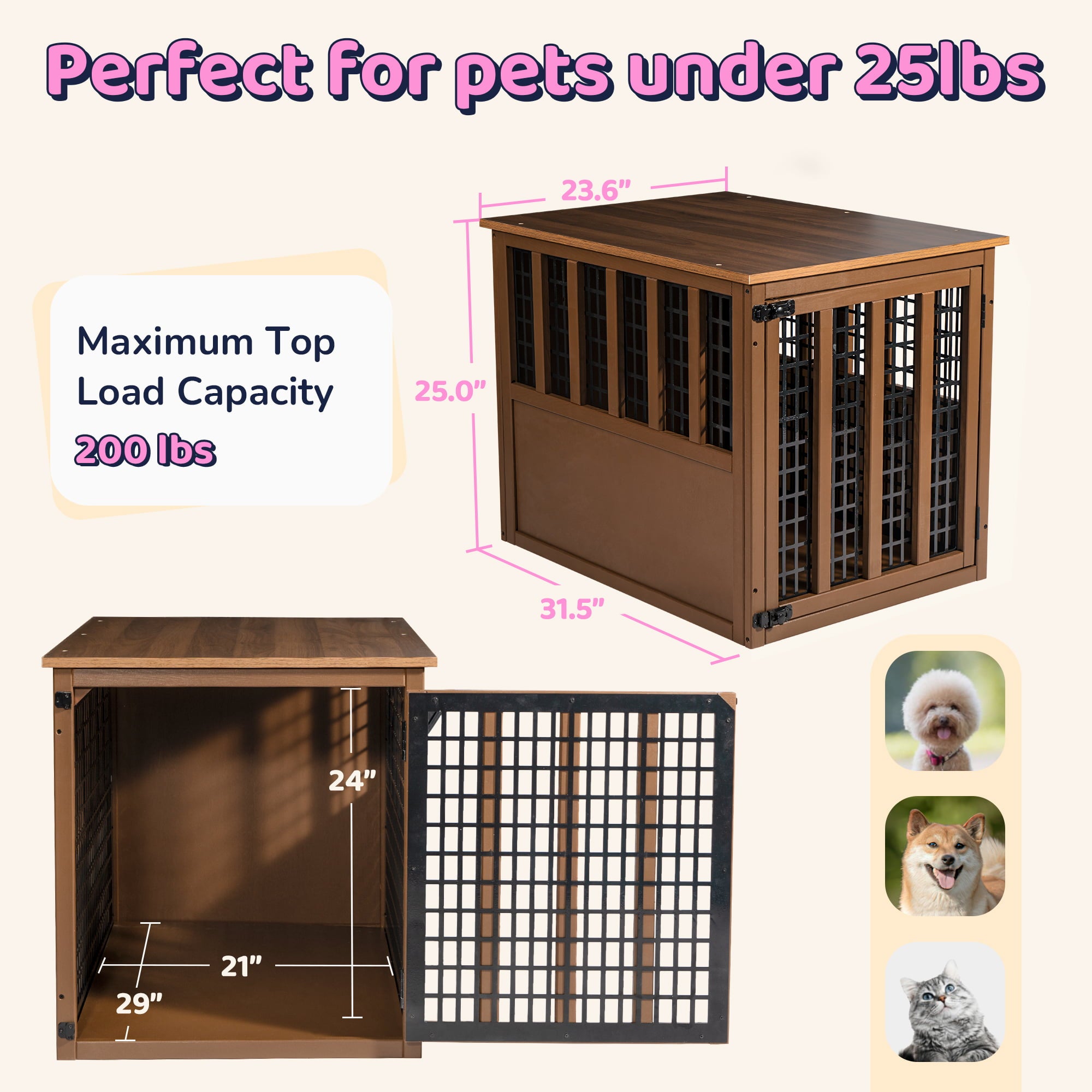 WISHIVE Dog Crate Furniture， Wooden Dog Crate with Door， Indoor Dog Kennel for Small/Medium Dog， Mesh Dog Kennels， Cat House， Dog Furniture， End Table， Brown Rectangle