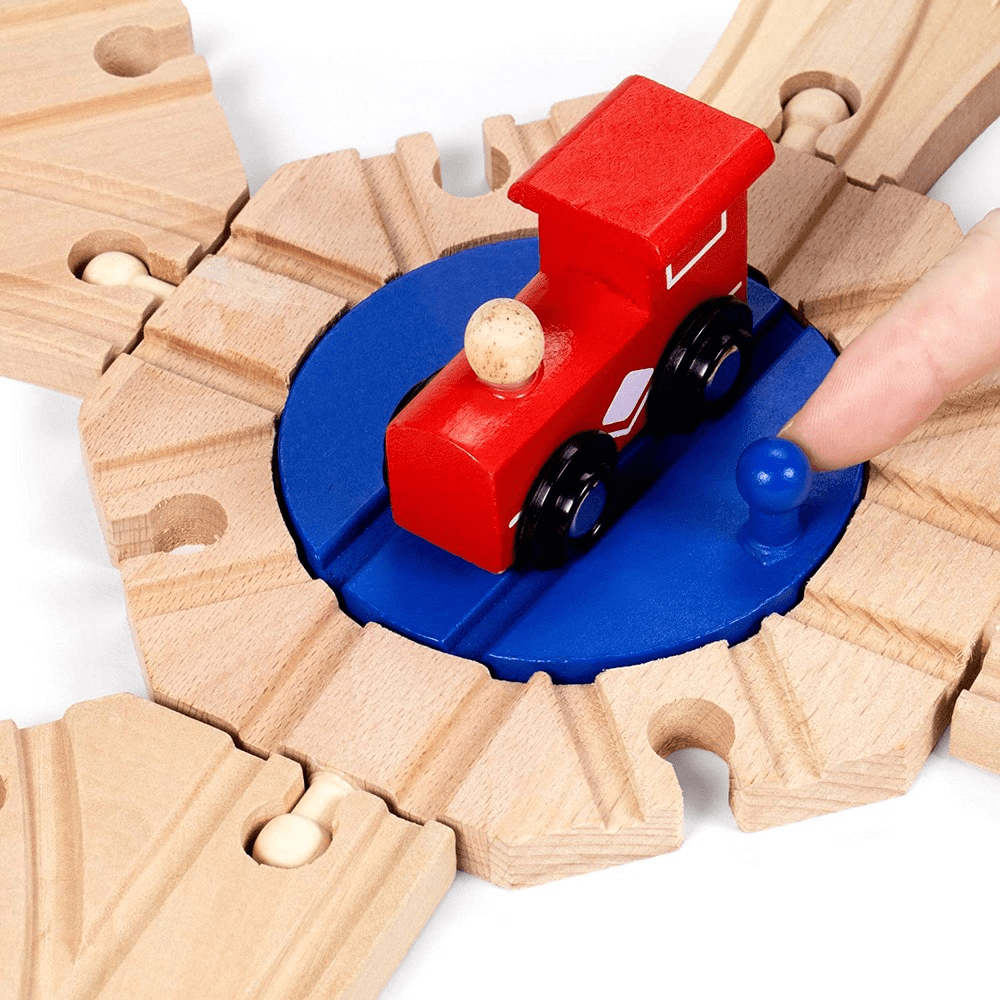 Switch Track Wooden Train Set (18 pcs.) - 8 Way Turntable Rail Station Accessory， Curved Switch Tracks， Basic and Advanced Pieces - Expansion Compatible with All Major Classic Toy Train Hobby Brands