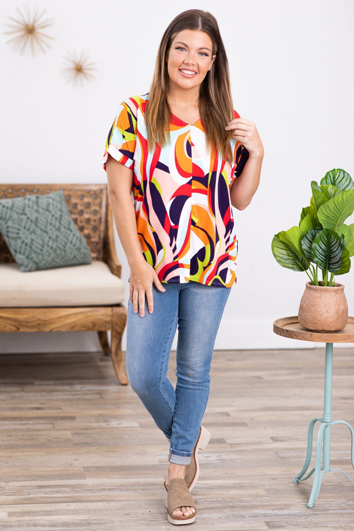 Orange and Pink Multicolor Abstract Print Top