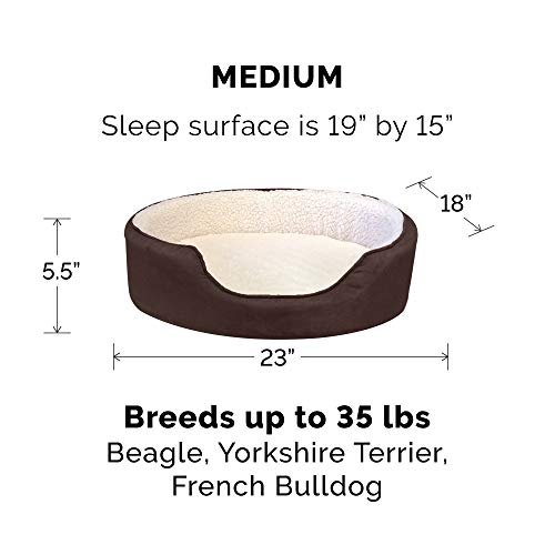 FurHaven | Orthopedic Faux Sheepskin and Suede Oval Pet Bed for Dogs and Cats， Espresso， Medium