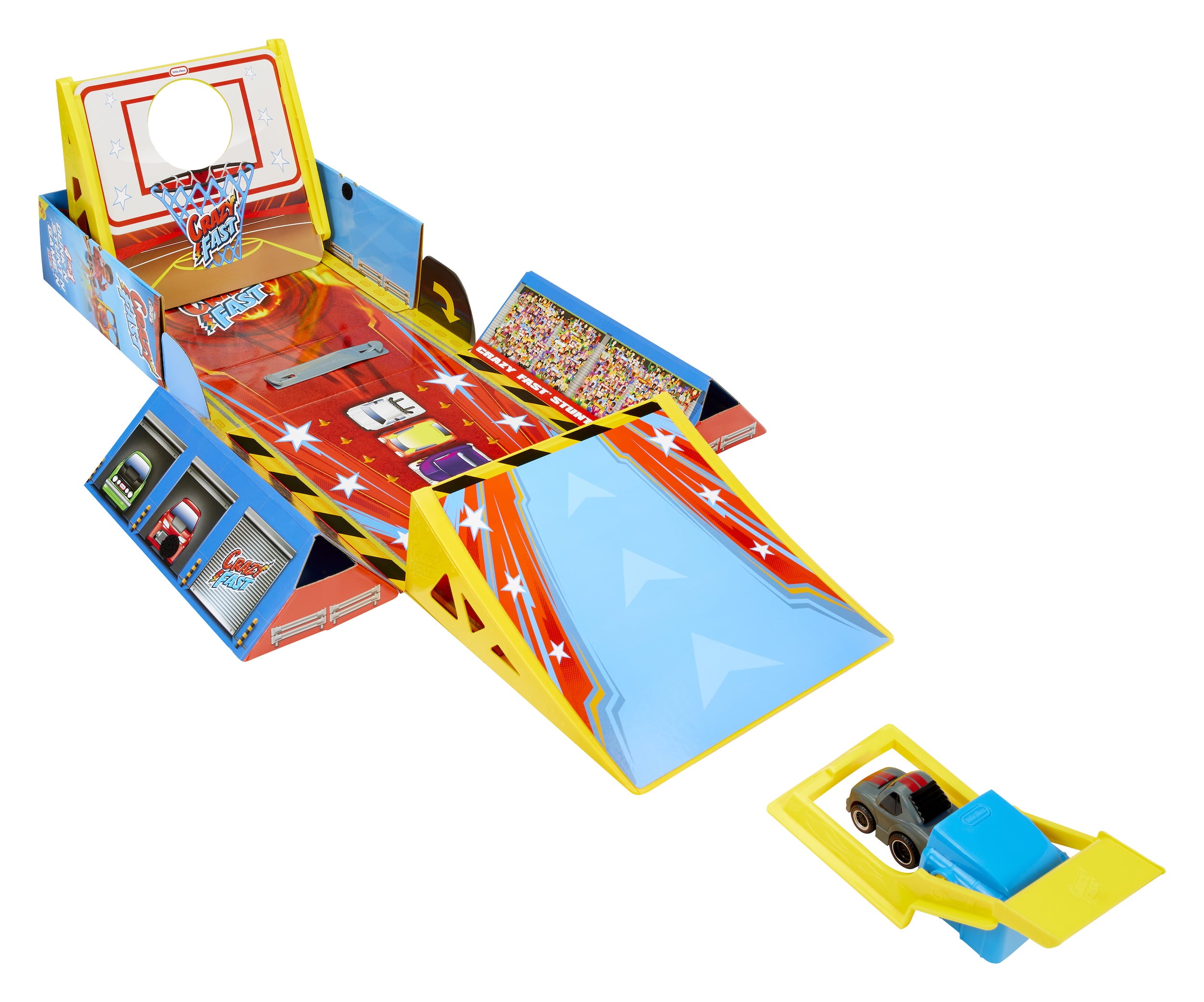 Little Tikes My First Cars Crazy Fast 4-in-1 Dunk’n， Stunt’n， Game’n Set with one Exclusive Pullback Toy Car Vehicle， Goes up to 50ft!