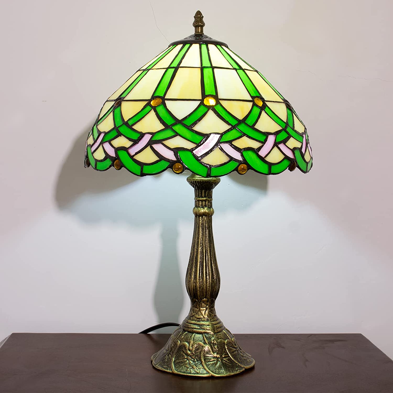 SHADY  Table Lamp Stained Glass Bedside Lamp Green Floral Desk Reading Light 18" Tall Vintage Antique Style Banker Lamp Room Bedroom Living Study Coffee Bar Office LED Bulb Inc