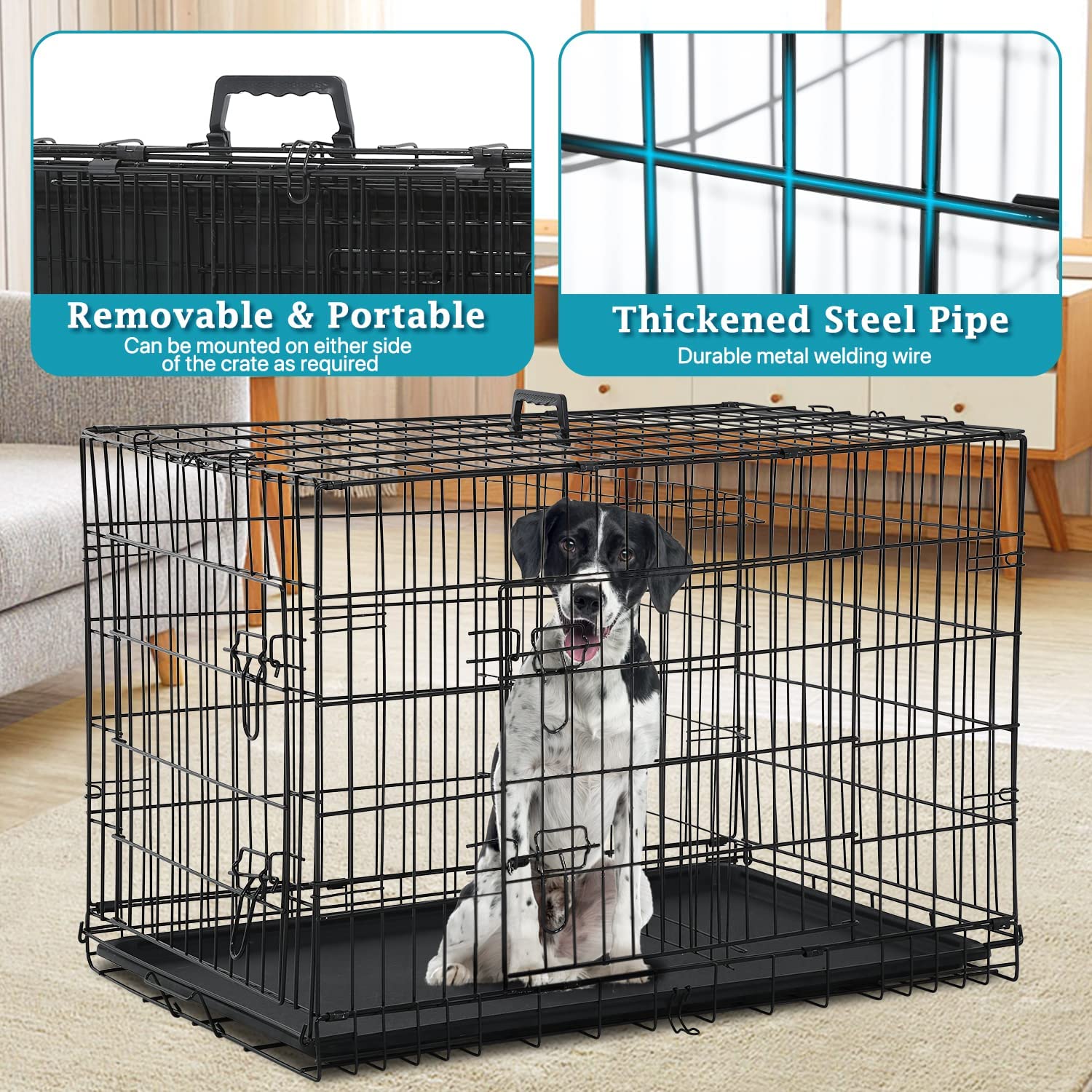 Dkelincs 42 inch Heavy Duty Dog Cage Foldable Dog Crate w/2 DoorsandDivider XL Dog Kennel w/Handle for Medium Puppy