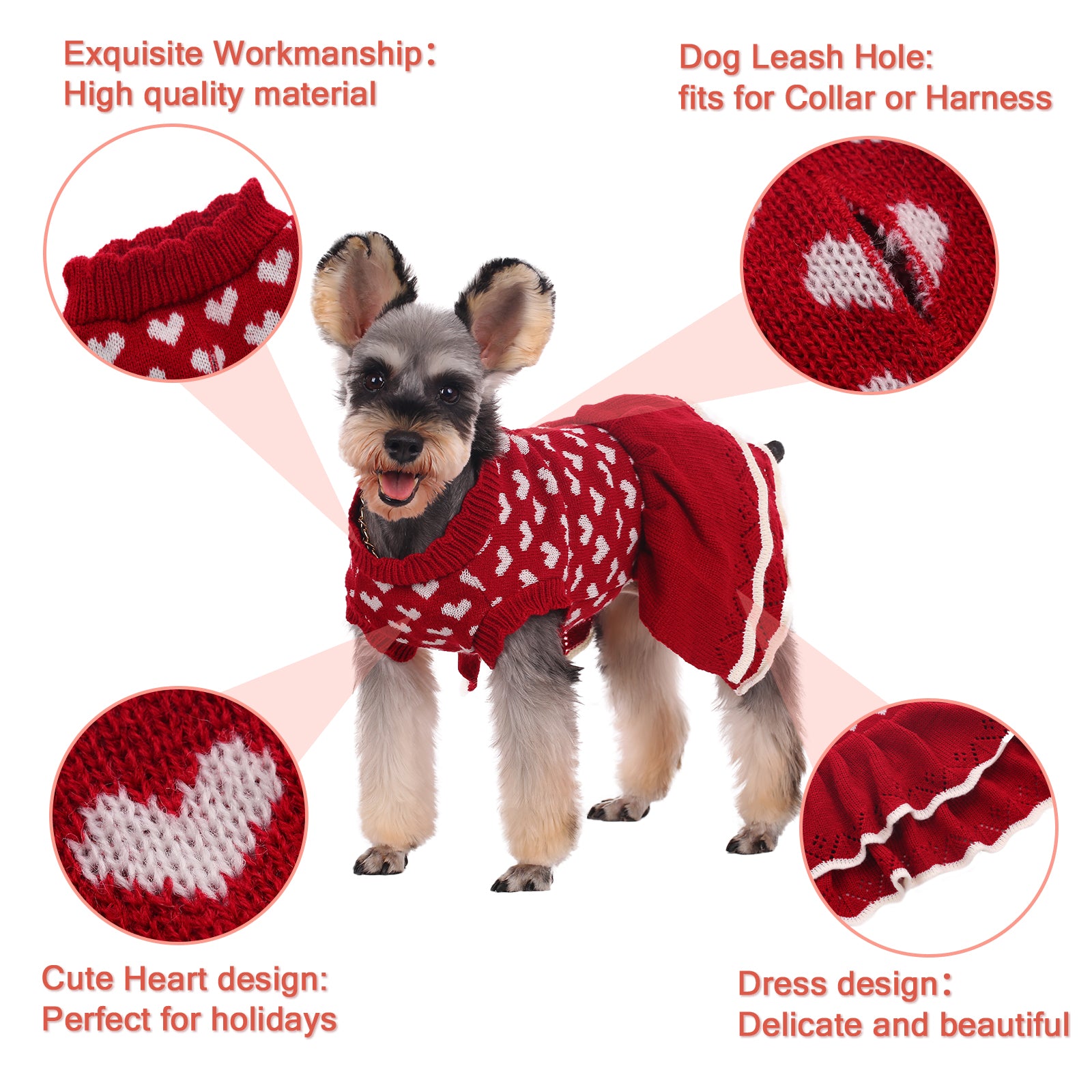 Kuoser Acrylic Heart New Year's Eve， Valentine's Day and Halloween Dog Sweater， Red， XS