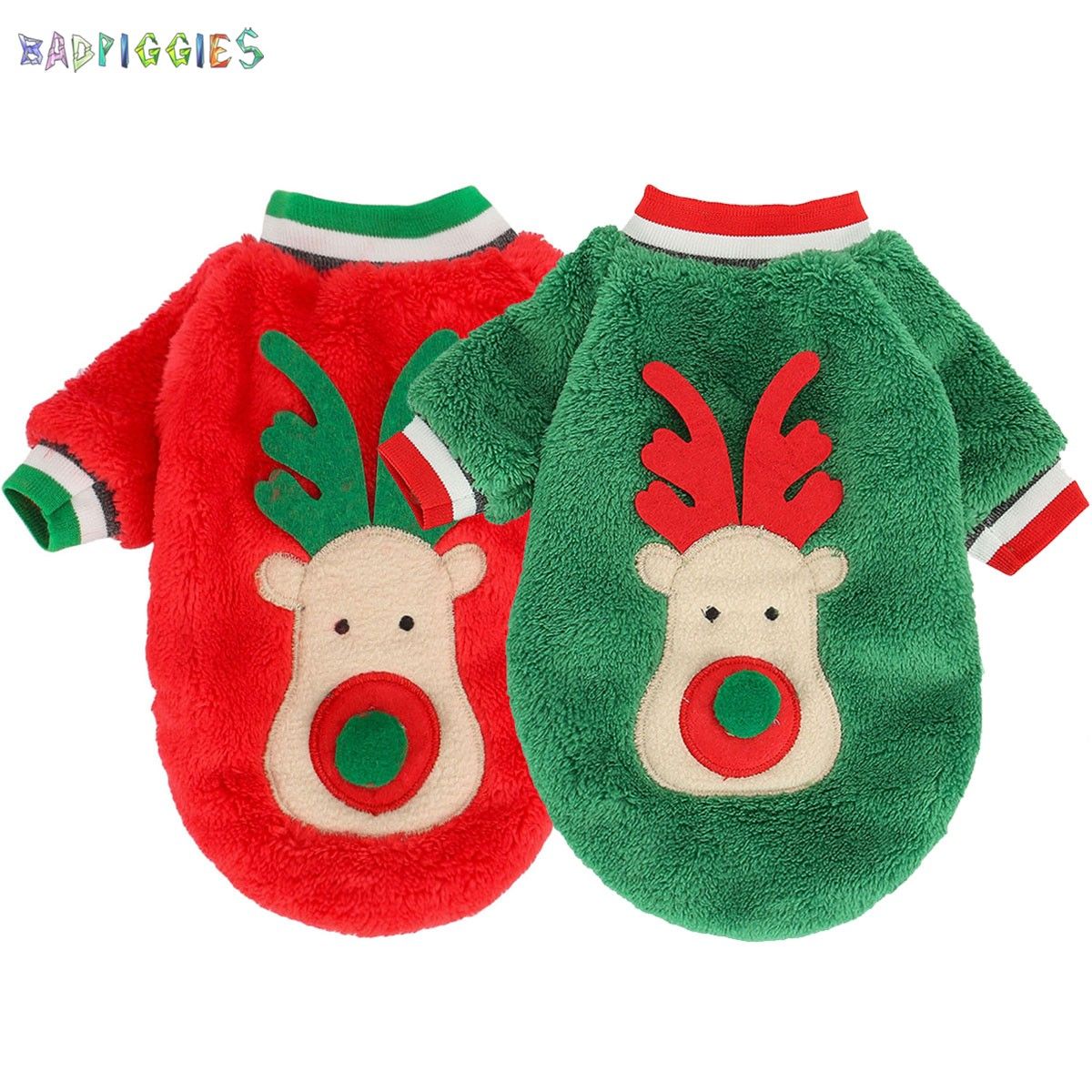 BadPiggies Pet Dog Fleece Sweater Winter Clothes Warm Thickening Coat Jacket Xmas Reindeer Pajamas for Puppy Small Dog Cat (XS， Red)