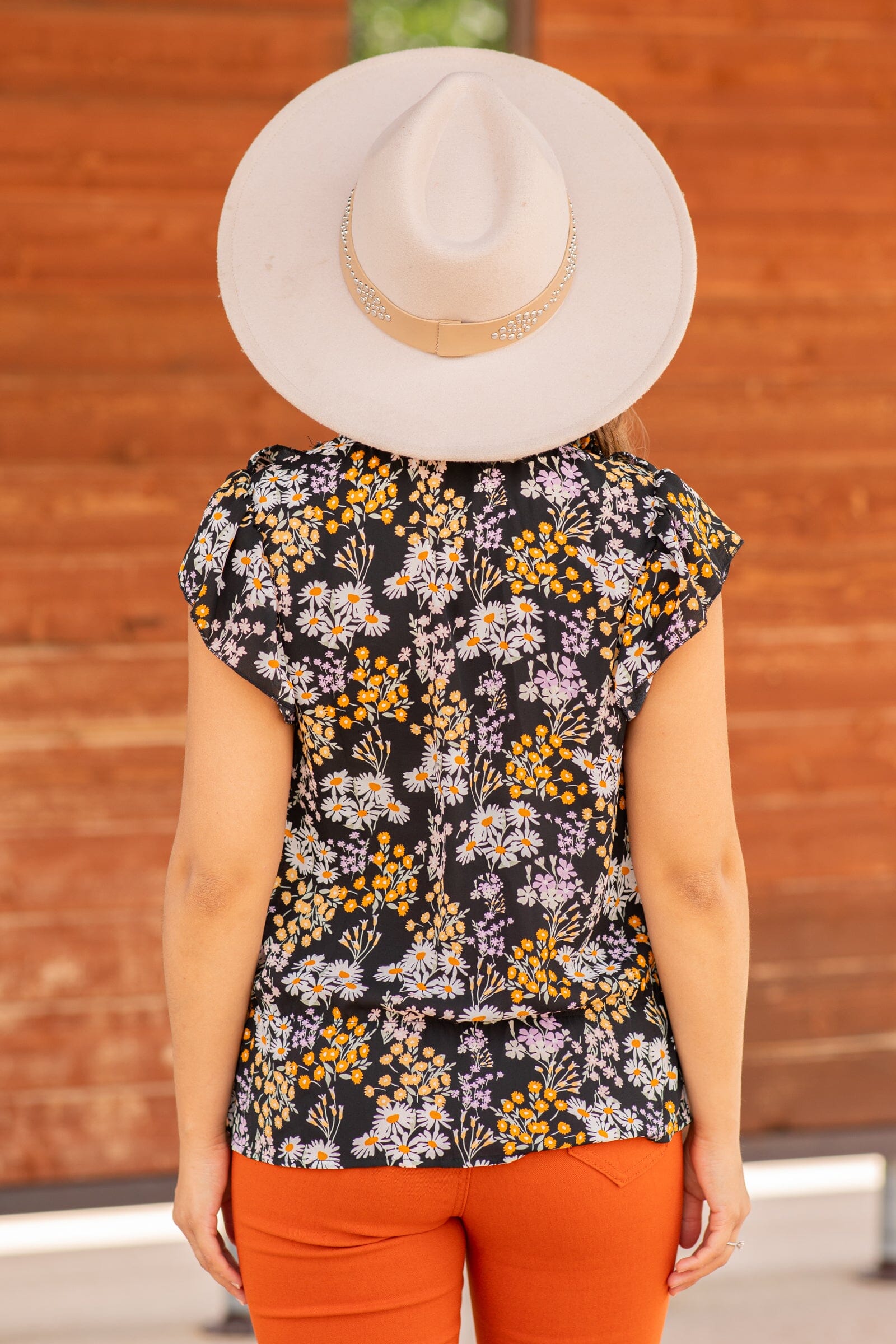 Black and Orange Multicolor Floral Print Top