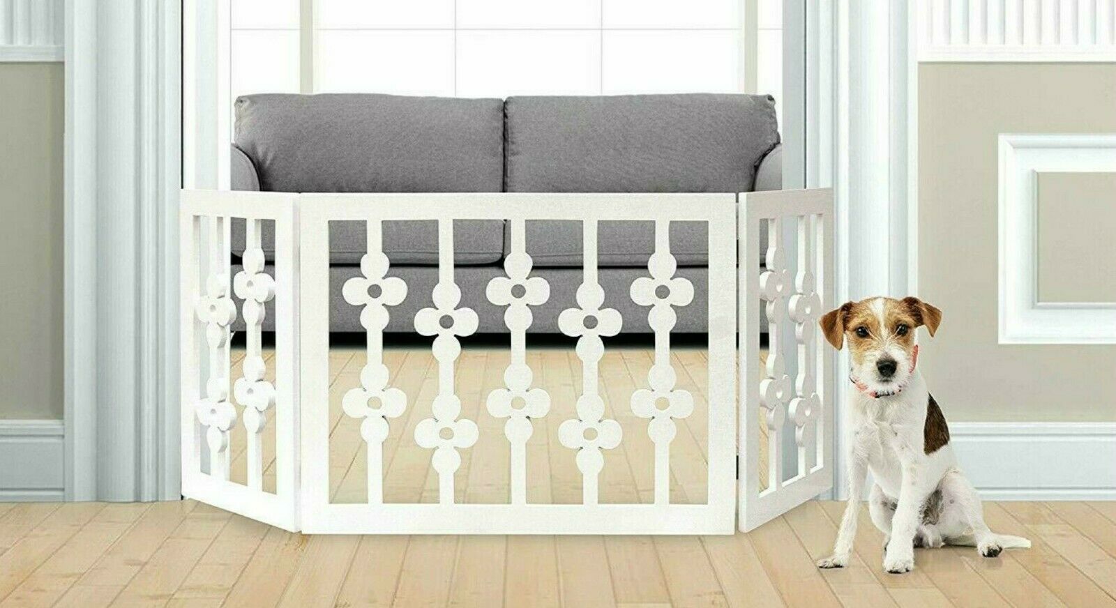 White Floral Wood Pet Dog Gate Foldable Adjustable 3-Section Freestanding Extra Wide. Keeps Pets Safe Indoors/Outdoors - Fully Assembled