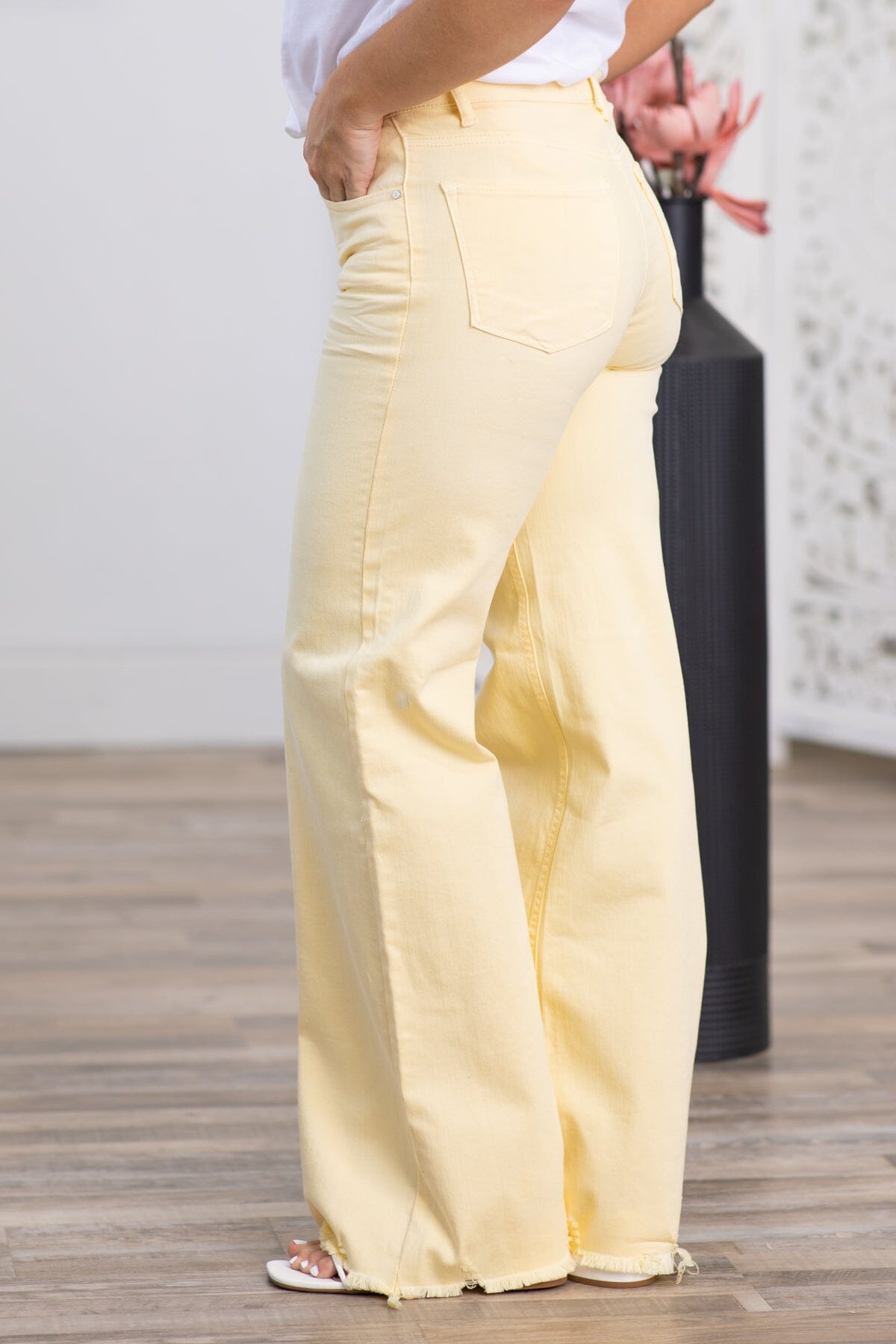 Risen Pastel Yellow Wide Leg Fray Hem Jeans