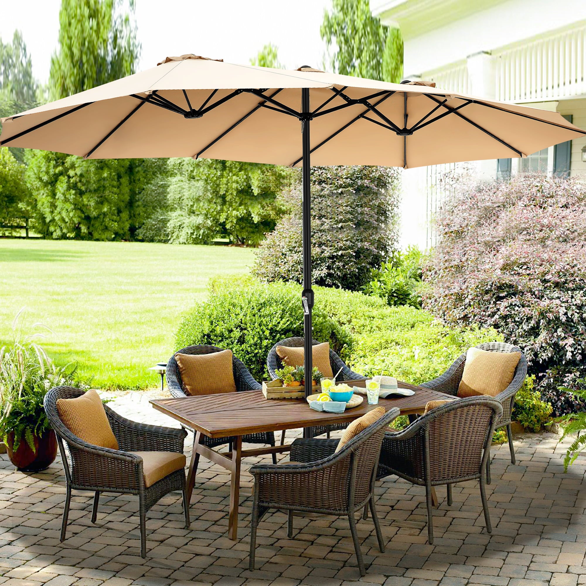SEJOV 15ft Patio Umbrella with Base Included, Double-Sided Market Umbrella with Crank Large Outdoor Umbrella Rectangular Umbrellas for Patio Table