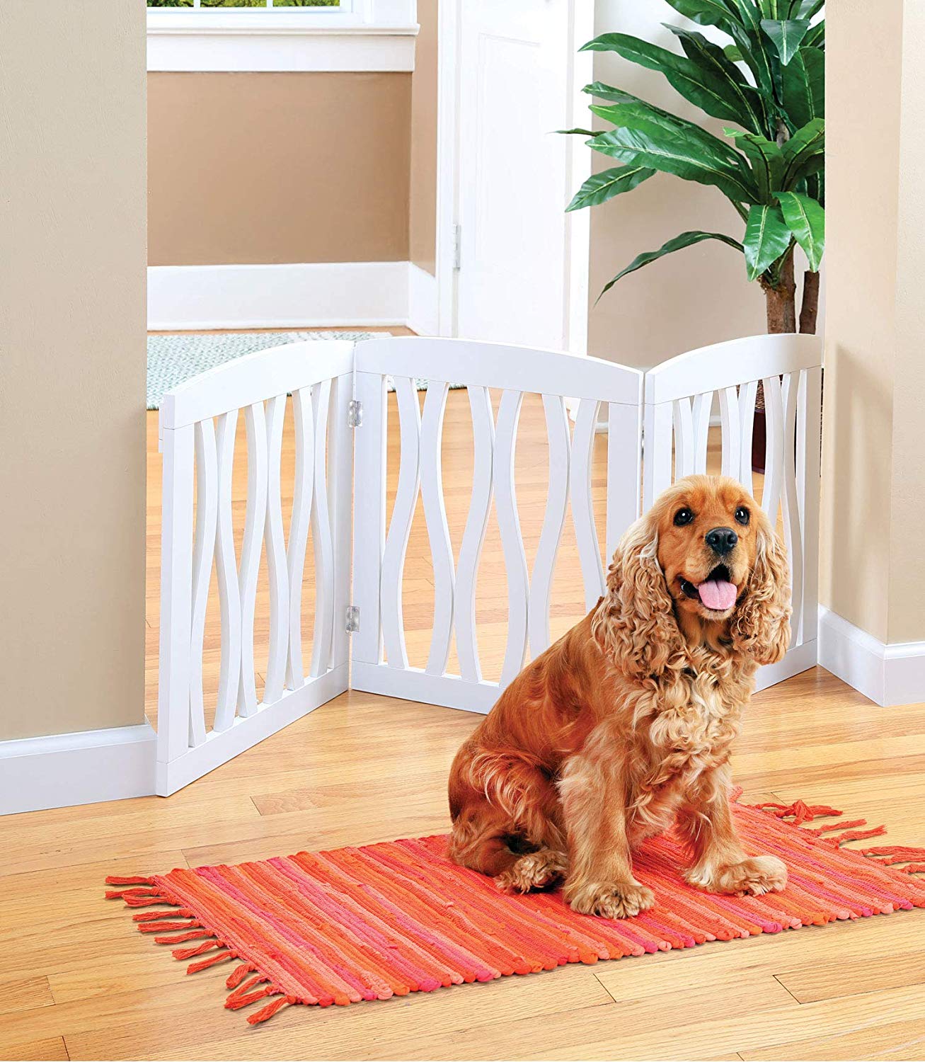 Wooden Foldable Freestanding Pet Gate， Folding 3 Panel Dog Fence， Puppy Pen Gate