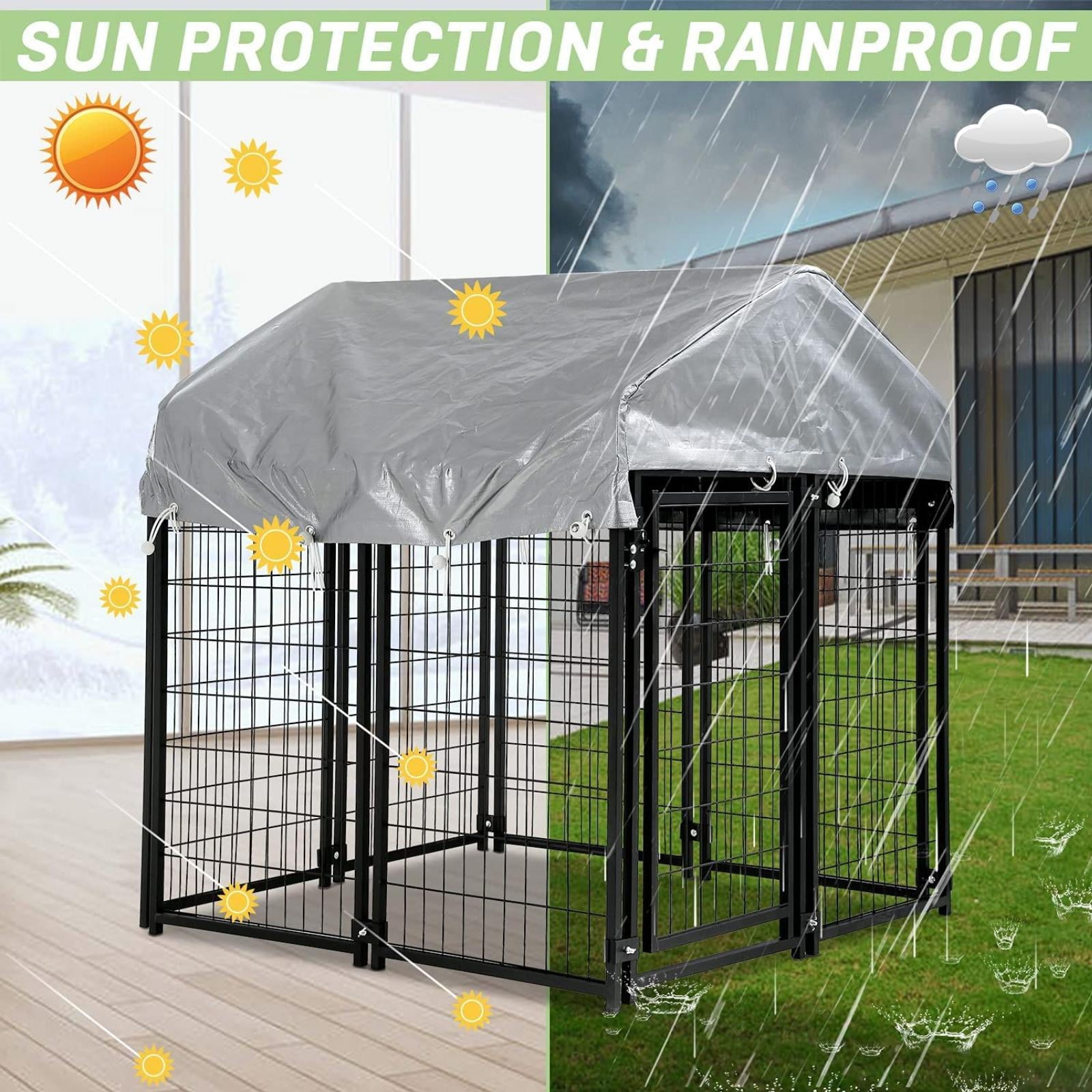 Large Dog Kennel 4'x4'x4.4' Heavy Duty Welded Wire Dog Cage with Water Resistant Cover， Outdoor Dog House with Mesh Sidewallsand Secure Lock for Large Dogs， Black