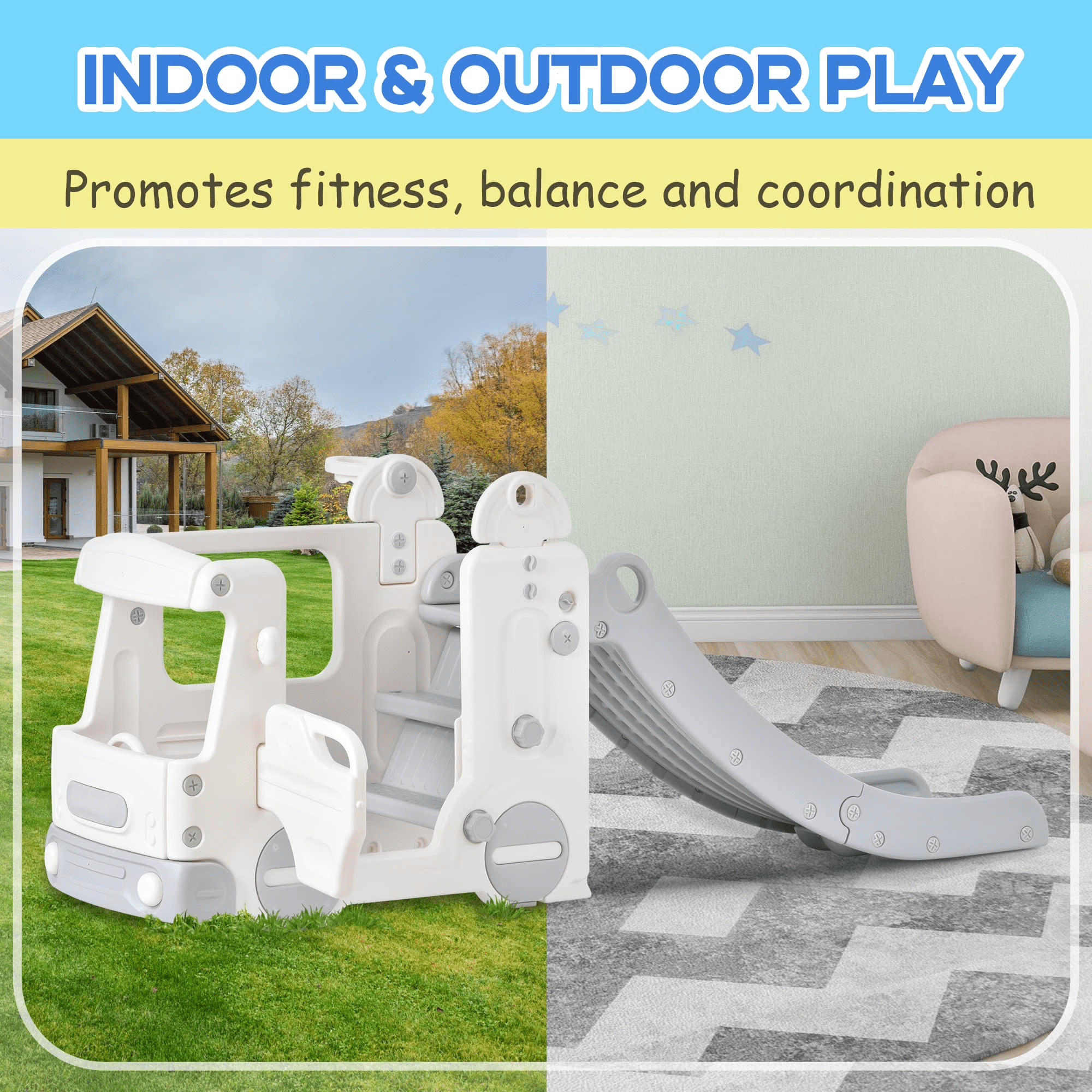 Kainsy 4-in-1 Baby Slide with Bus, Indoor Kids Slide with Basketball Hoop, Climber & Bus Playhouse, Outdoor Playground Slide for Toddler 1+ Playset, Gray and White