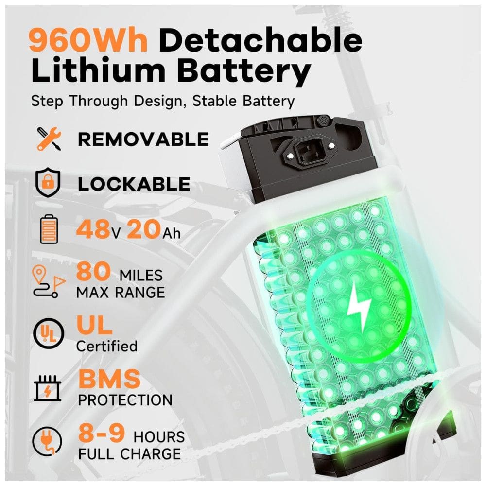 Bicicleta Elétrica Dobrável de 1000W, Bateria Removível de 48V 20Ah, Alcance Máximo de 80 Milhas para Adultos, Pneu Largo de 20 Polegadas -