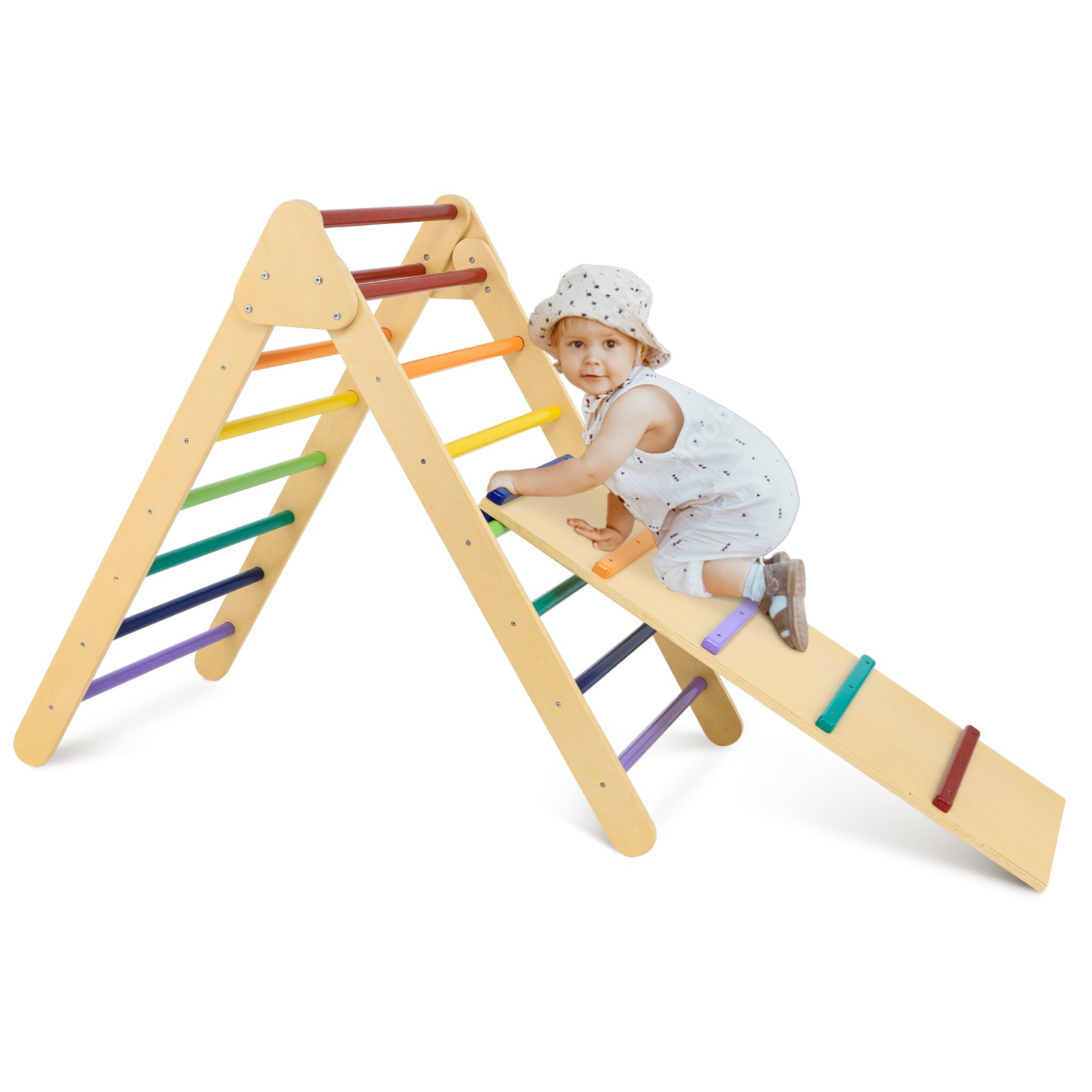 LAZY BUDDY Foldable Climbing Triangle with Ramp， Wooden Climber Ladder Indoor Outdoor Sliding Climbing Toy for Kids 2-7 Years
