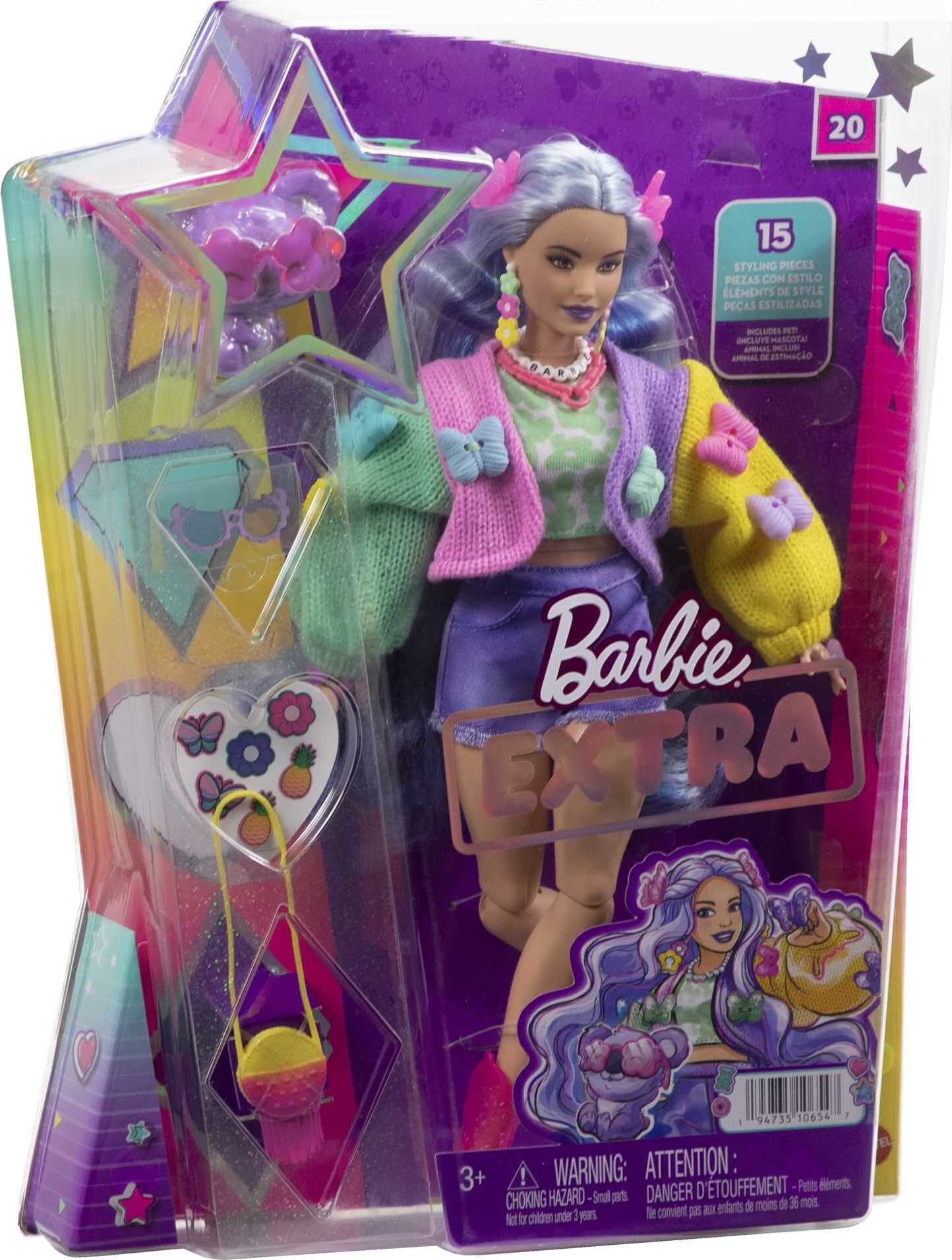 Barbie Extra Fashion Doll with Wavy Lavender Hair, Colorful Butterfly Sweater, Accessories & Pet