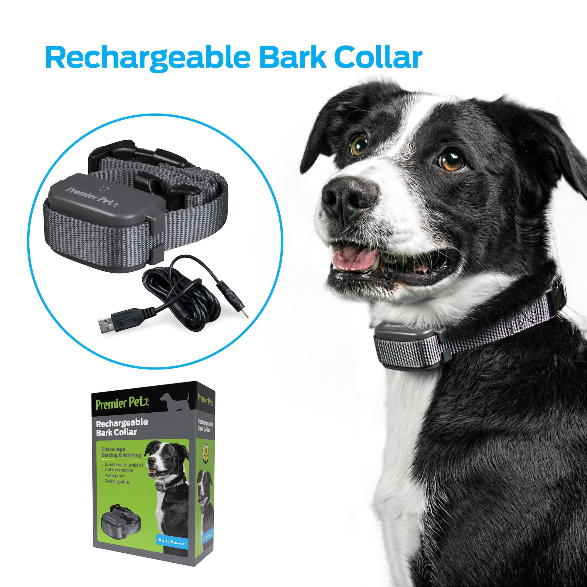 Premier Pet Rechargeable Bark Collar: Discourages Barking and Whining for All Size Dogs， Rechargeable， Adjustable， Waterproof， Gentle Static Correction， Low Battery Indicator， No Programming Required