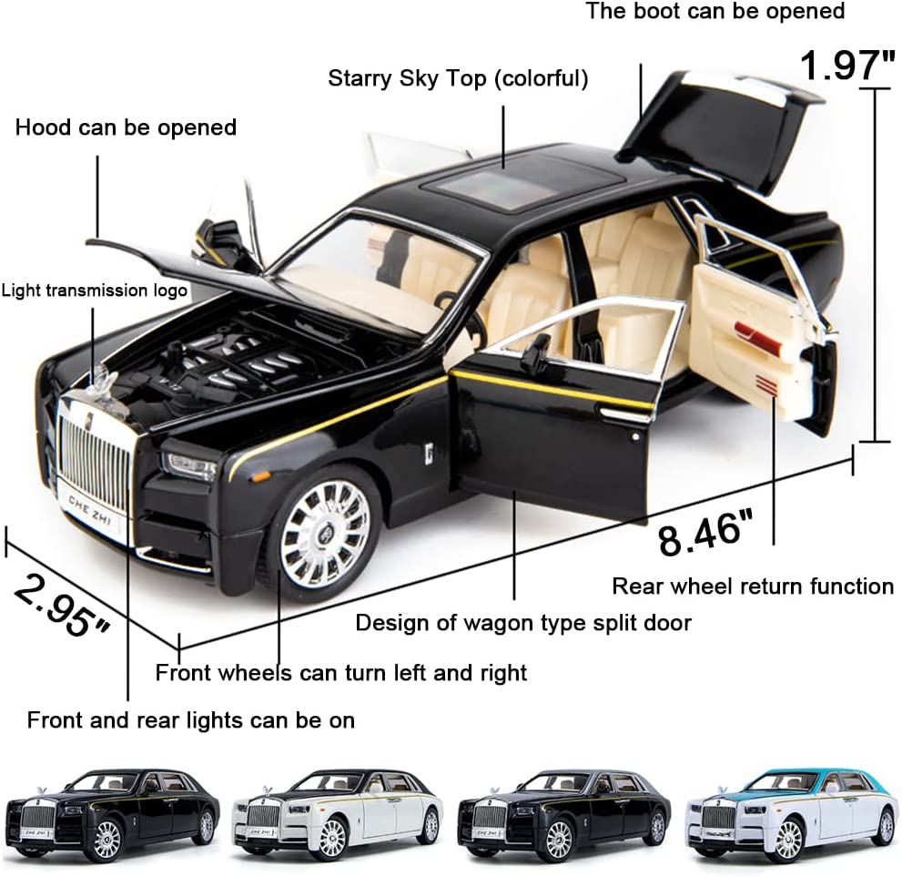 Cocobaby Upgrade Version -Exquisite car Model 1/24 Rolls-Royce Phantom Model Car，Zinc Alloy Pull Back Toy car with Sound and Light for Kids Boy Girl Gift. (Blue-White)