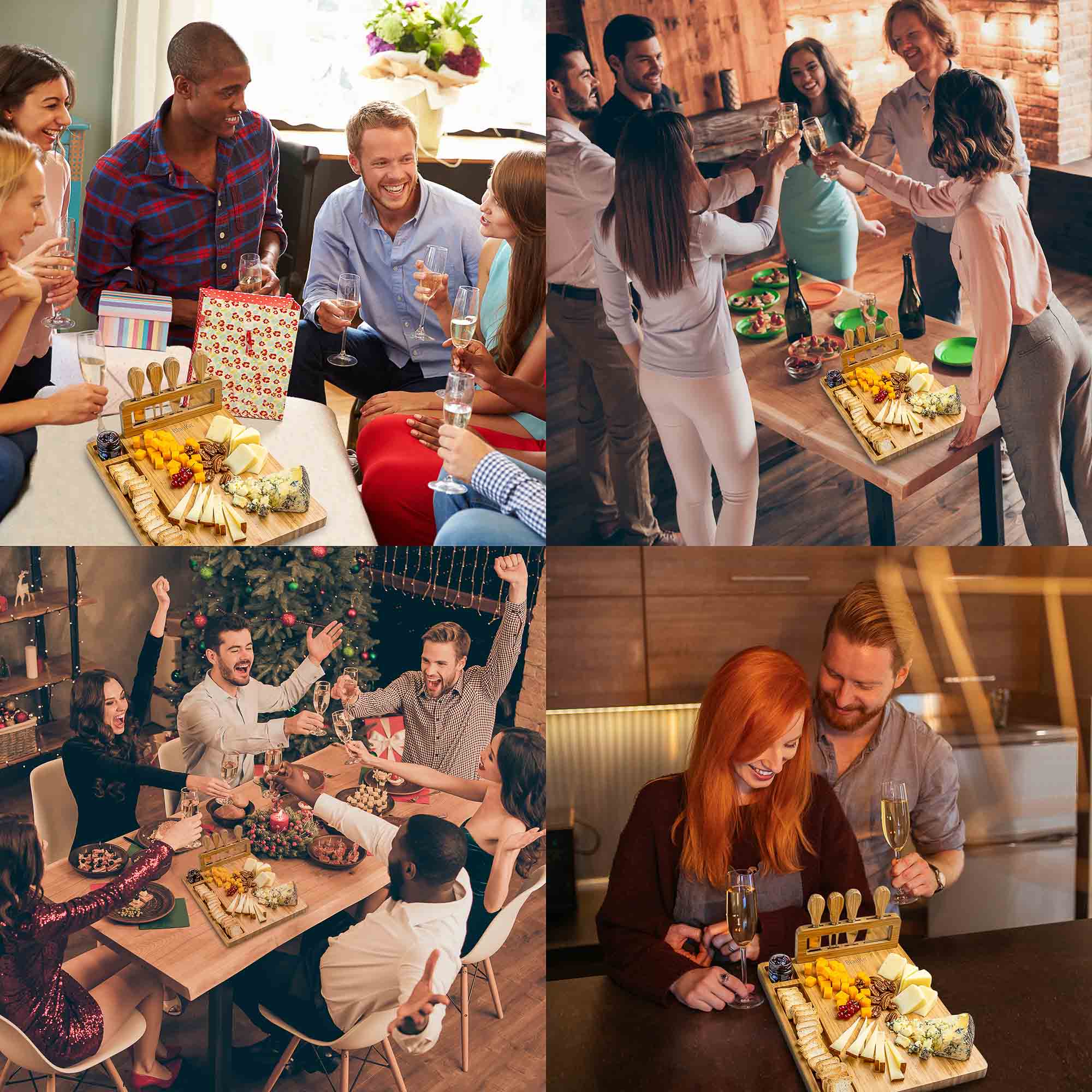 BlauKe® Bamboo Cheese Board and Knife Set 14x11 inch – Wood Cheese Cutting Board， Serving Tray Platter， Charcuterie Board Set with 4 Cheese Knives