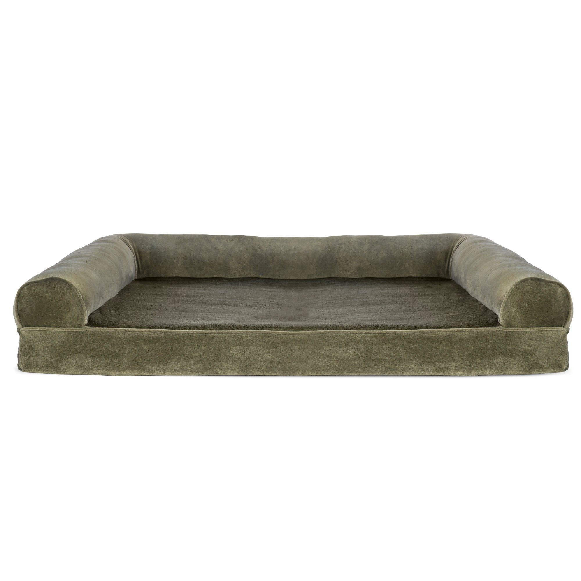 FurHaven | Orthopedic Faux Fur and Velvet Sofa Pet Bed for Dogs and Cats， Dark Sage， Jumbo
