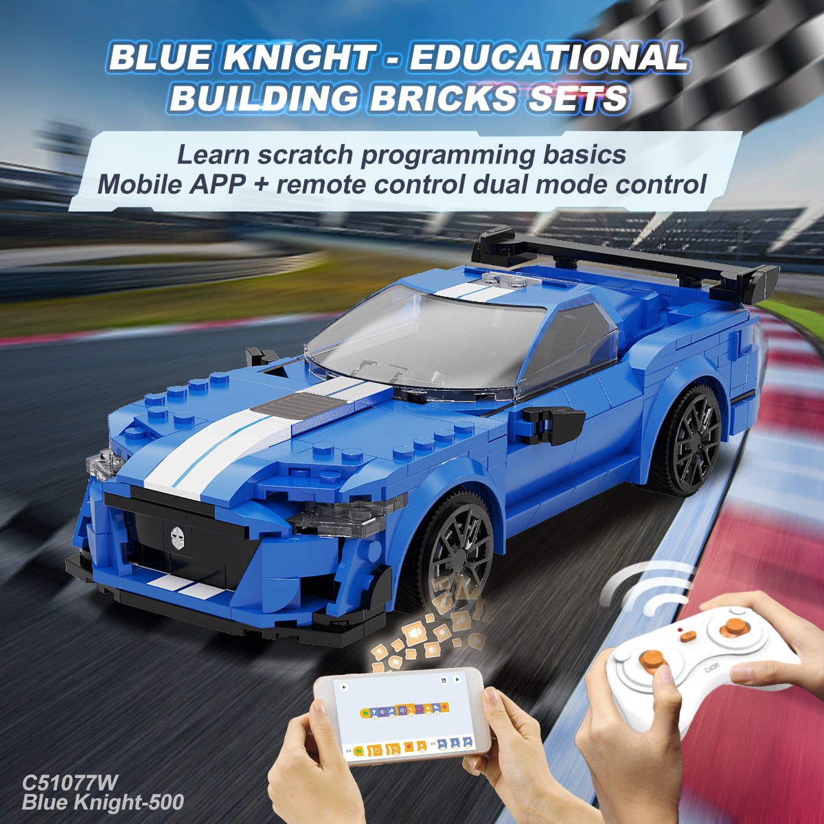 CaDA® Blue Warrior GT500 Supercar Programmable Remote Control Sports Car Model Building Block Toy C51077W Building Kit and Engineering Toy for Kids (325 Pieces)