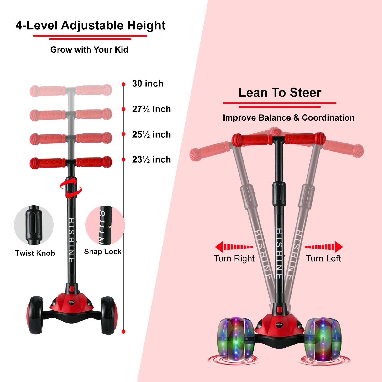 PRINIC 3 wheel kick scooter for kids and toddler 3-5 year old age， boys and girls， adjustable height， lean to steer， light up flashing wheels， wide deck， Red