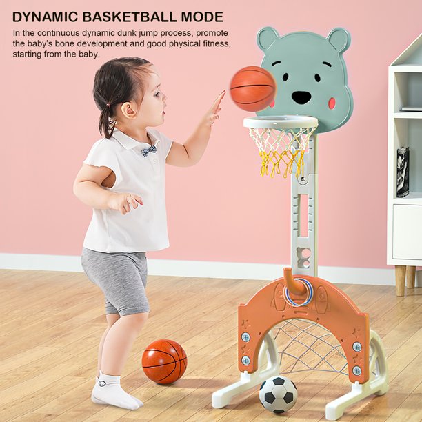 MIHOLL Kids Basketball Hoop， Toddler Sports Activity Center with Adjustable Height， Basketball Soccer Golf Game Set， Indoor Outdoor Basketball Hoop Set Best Gift for Baby