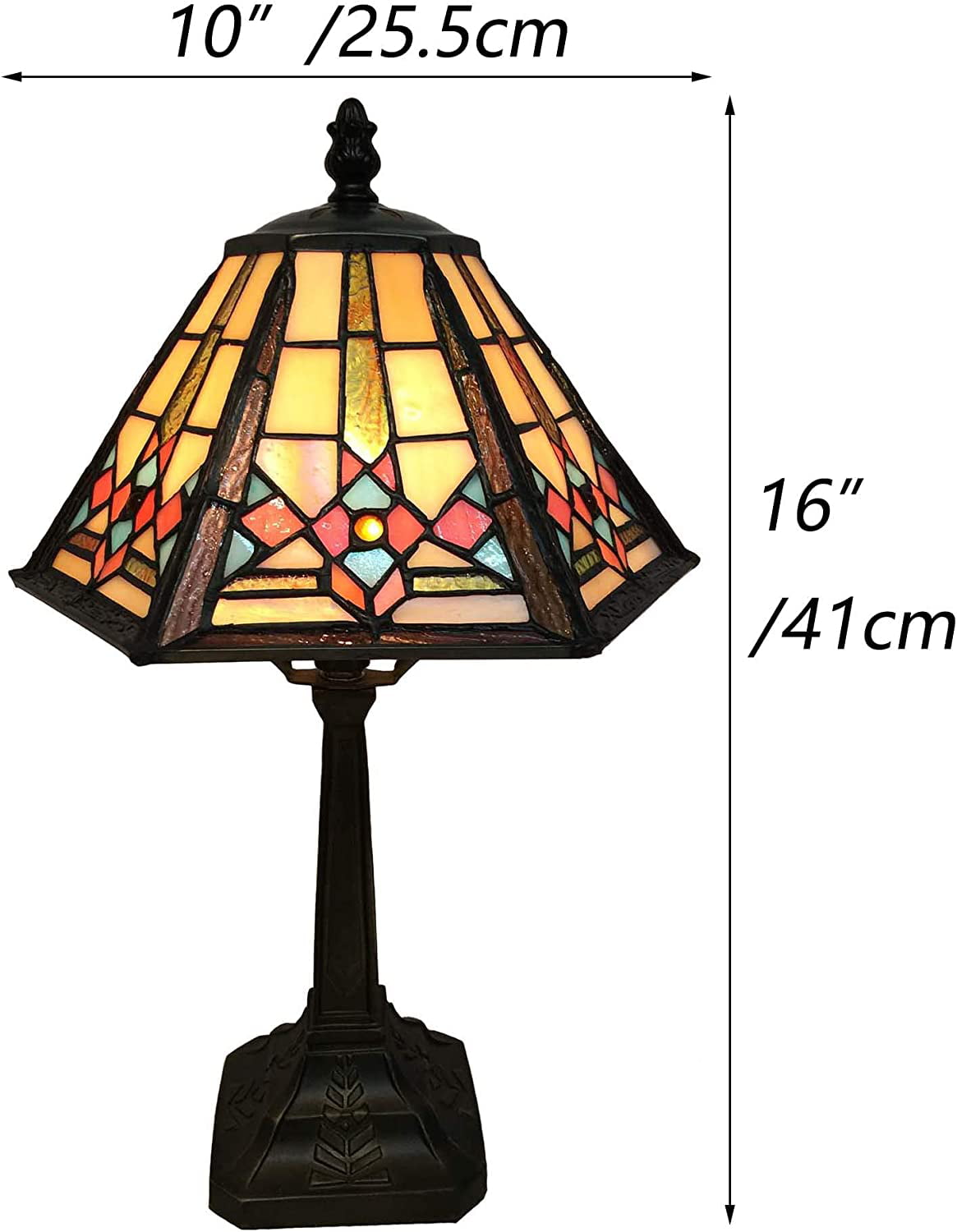 SHADY L10791 Mission Style Table Lamp  Stained Glass Night Light with Hexagonal Cone Lampshade  10" W x 16" H